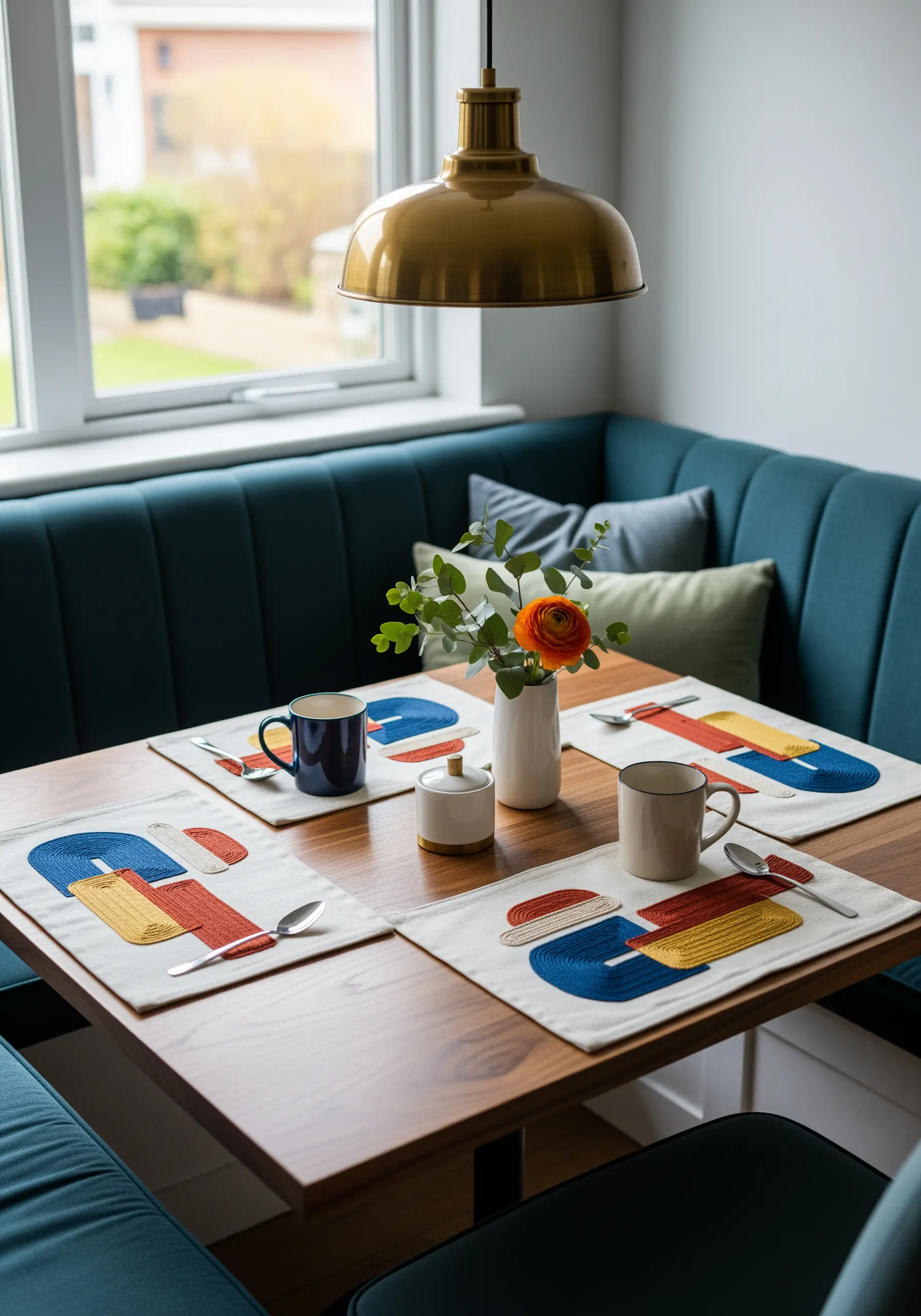 Abstract geometric placemats with bold color blocking in red, yellow, and blue