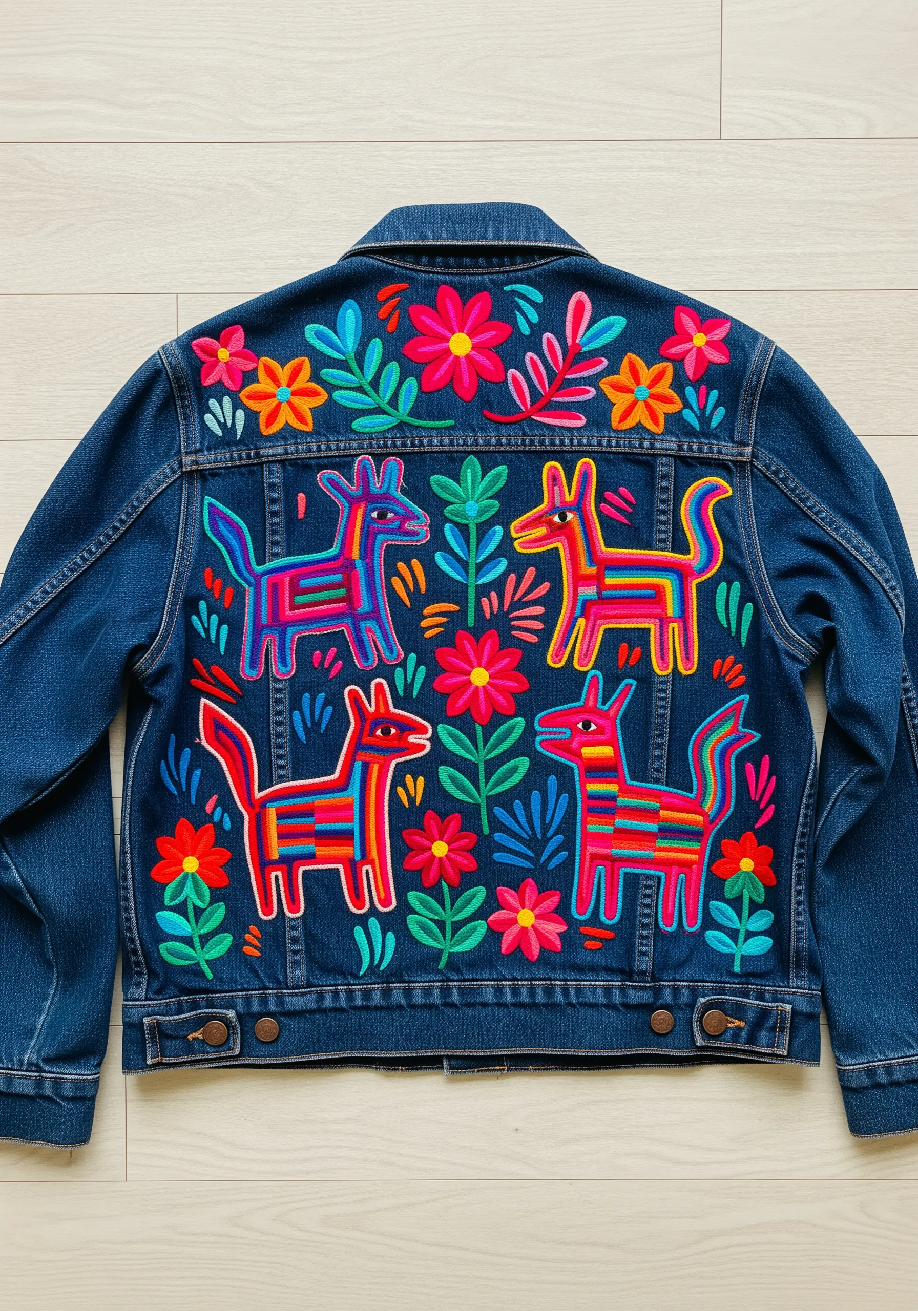 Colorful Otomi-inspired animal and floral embroidery covering the back of a denim jacket.
