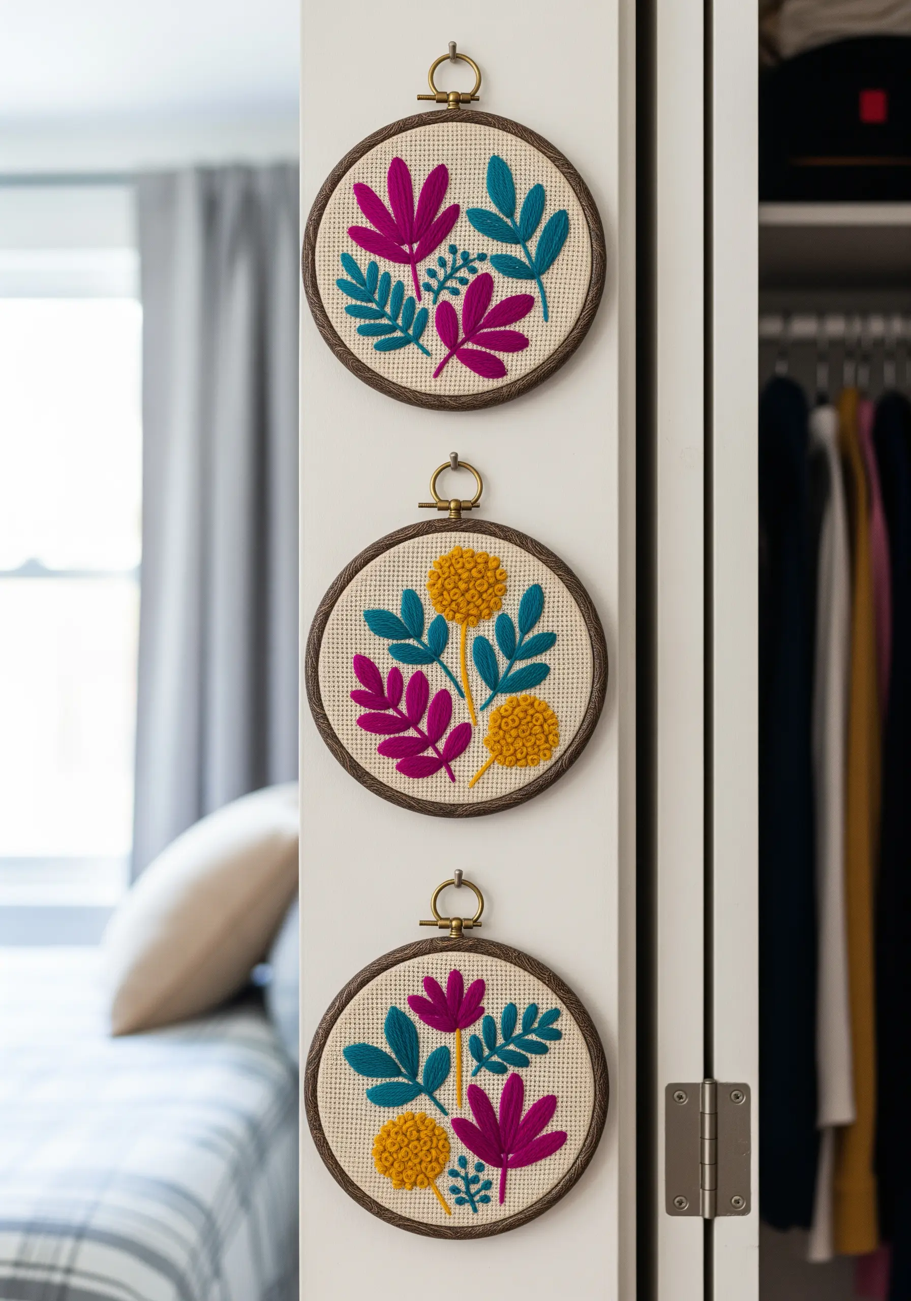 Three embroidery hoops with bold, colorful floral and leaf motifs hanging vertically on a white door.