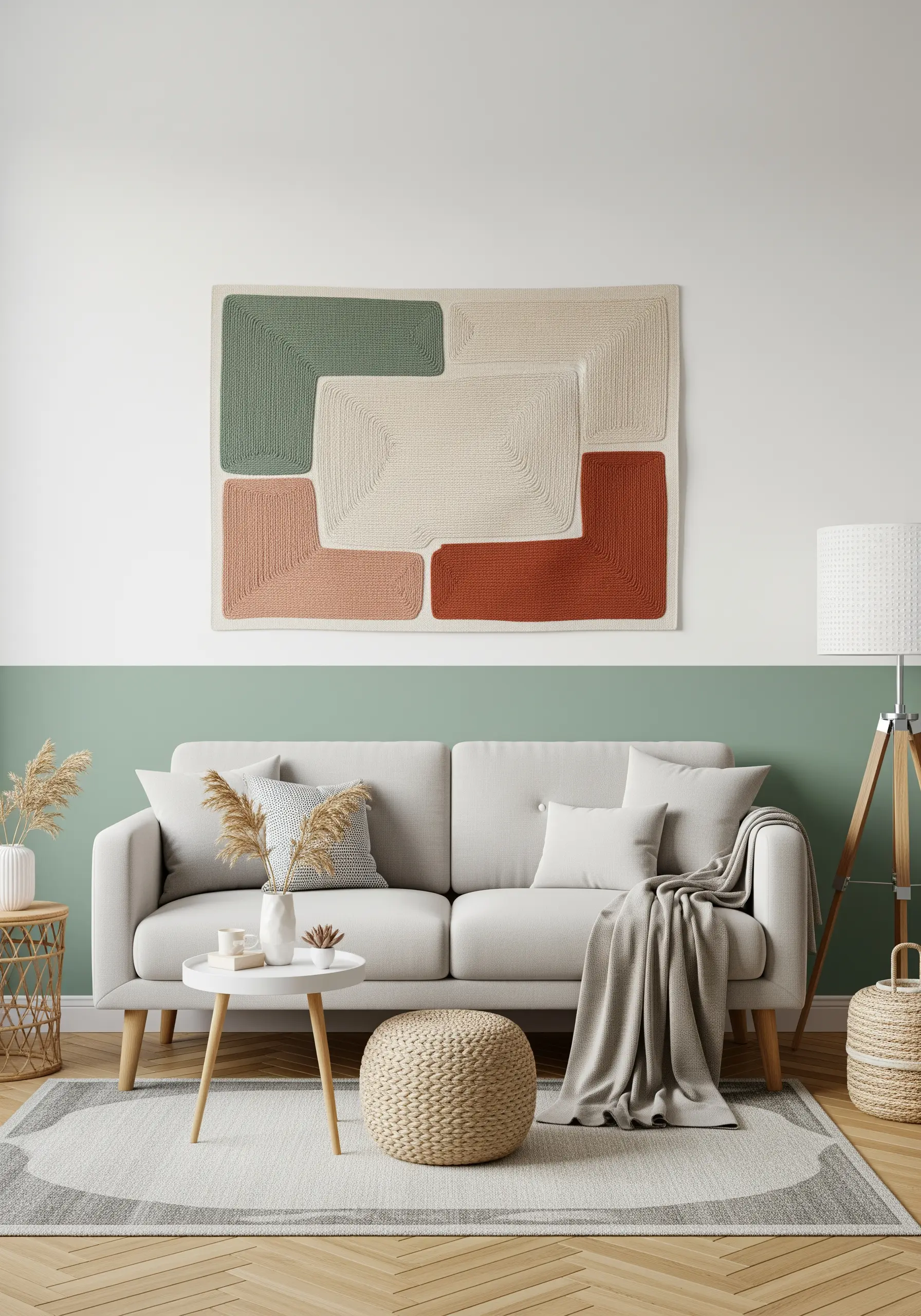 A large wall hanging with abstract, earth-toned color blocks outlined in textured stitching.