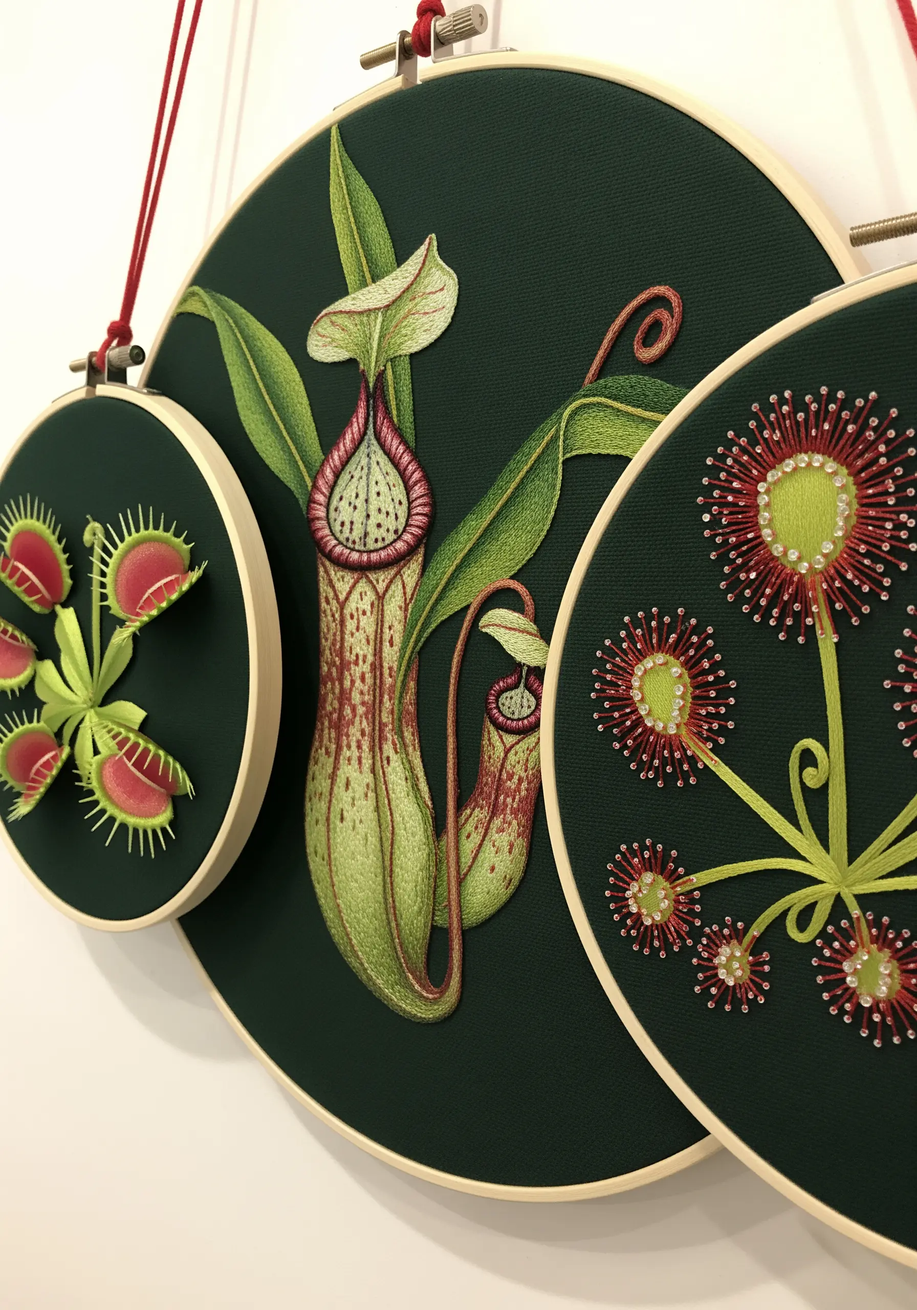 A detailed triptych of carnivorous plants, including a Venus flytrap and pitcher plant.