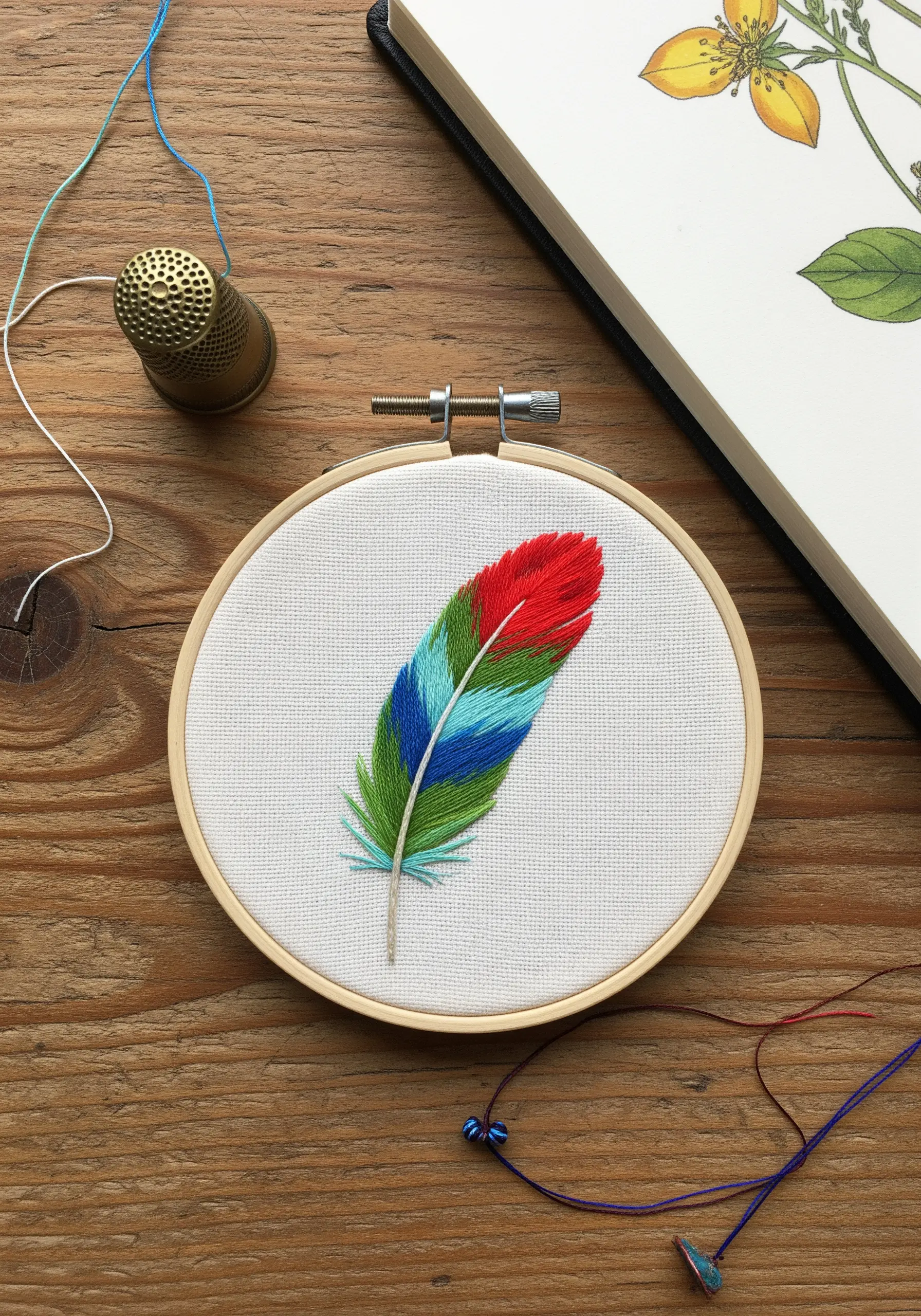 A single embroidered feather with distinct color blocks in red, green, and blue.