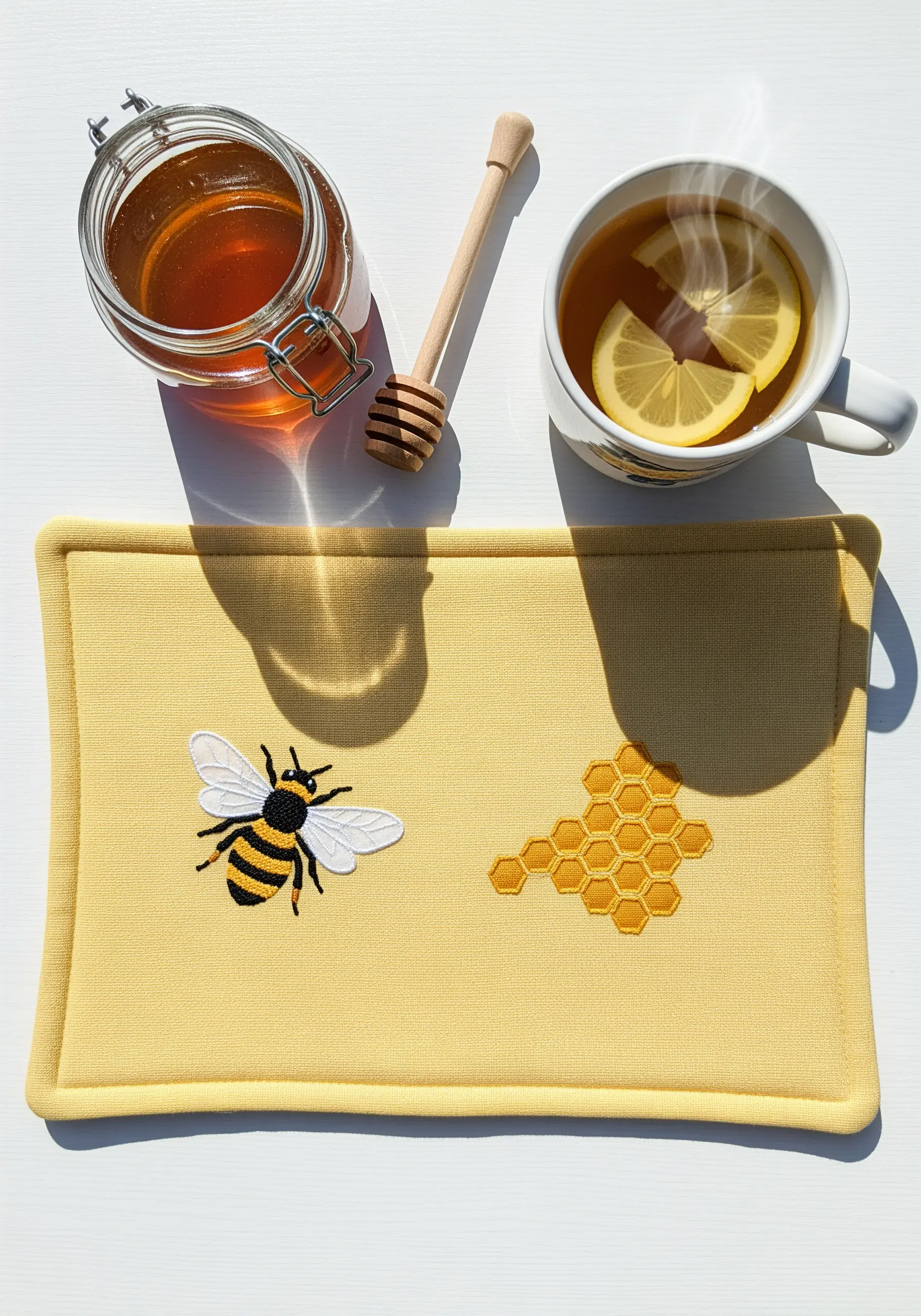 A neatly embroidered bee and honeycomb on a yellow mug rug, showcasing clean satin stitch.