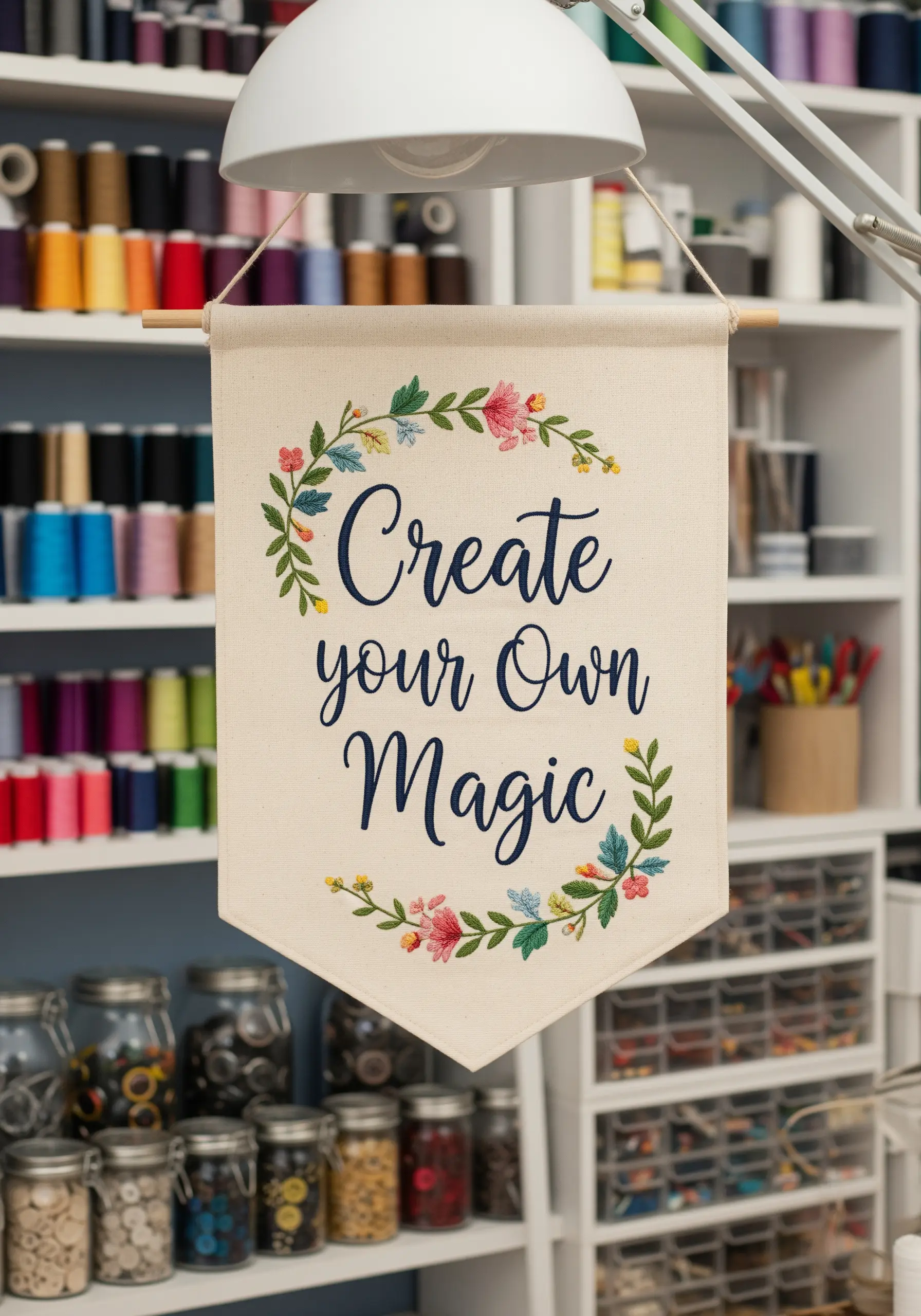 A canvas banner with embroidered script lettering and a floral wreath.