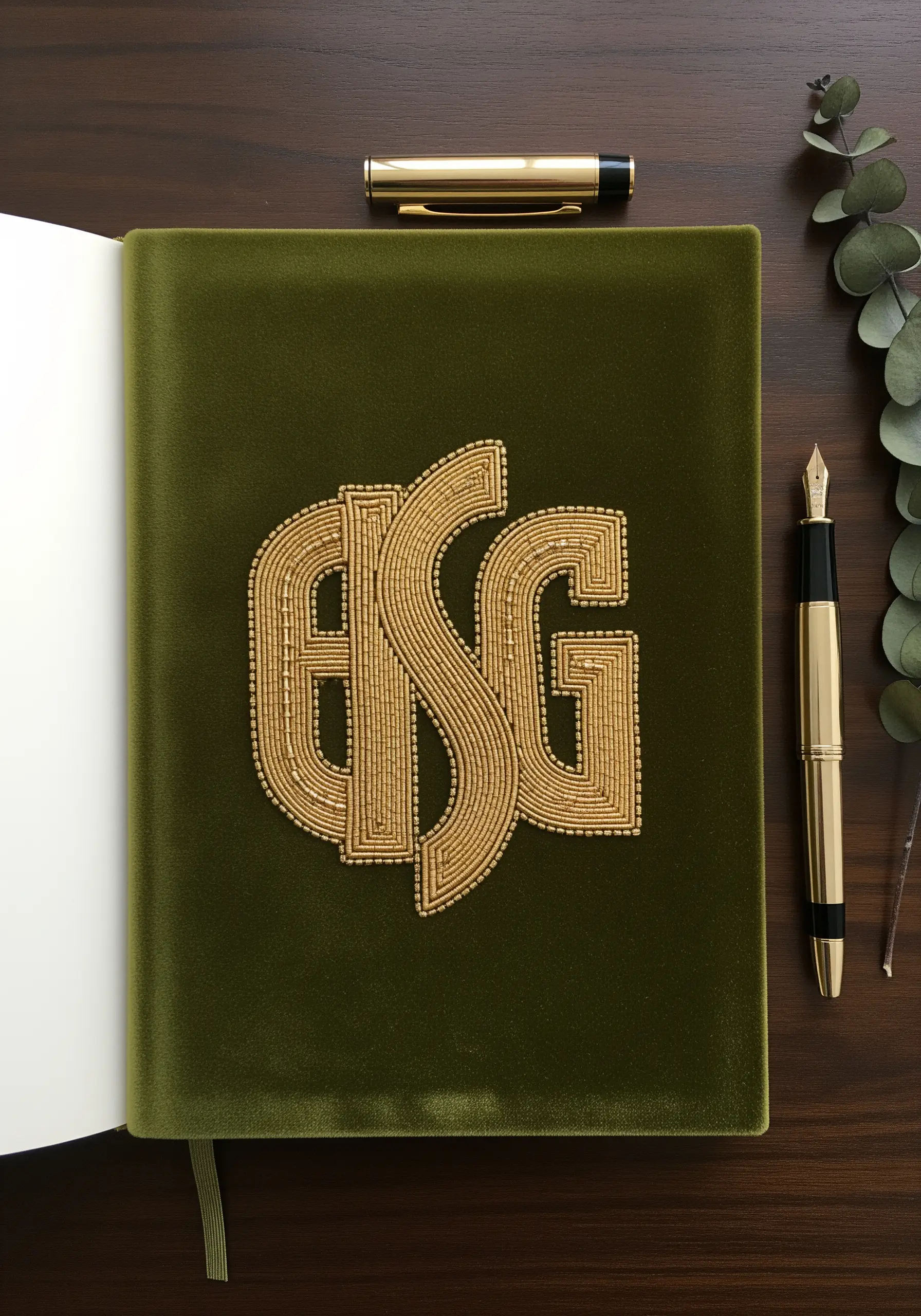 Gold beaded and couched monogram on a dark green velvet journal cover.
