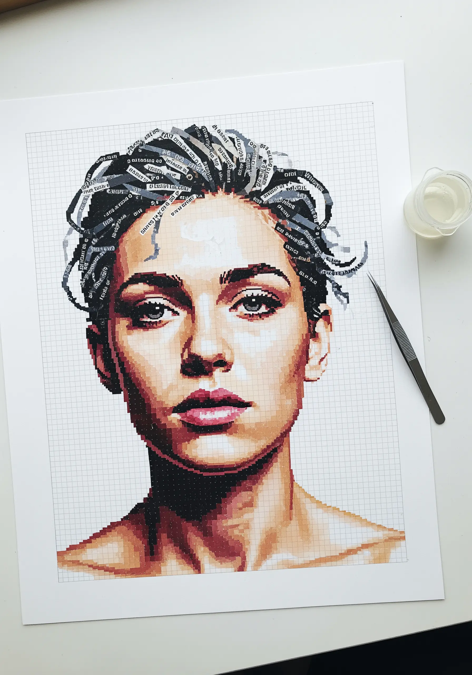 A pixelated portrait made from tiny squares of paper, resembling a cross-stitch pattern.