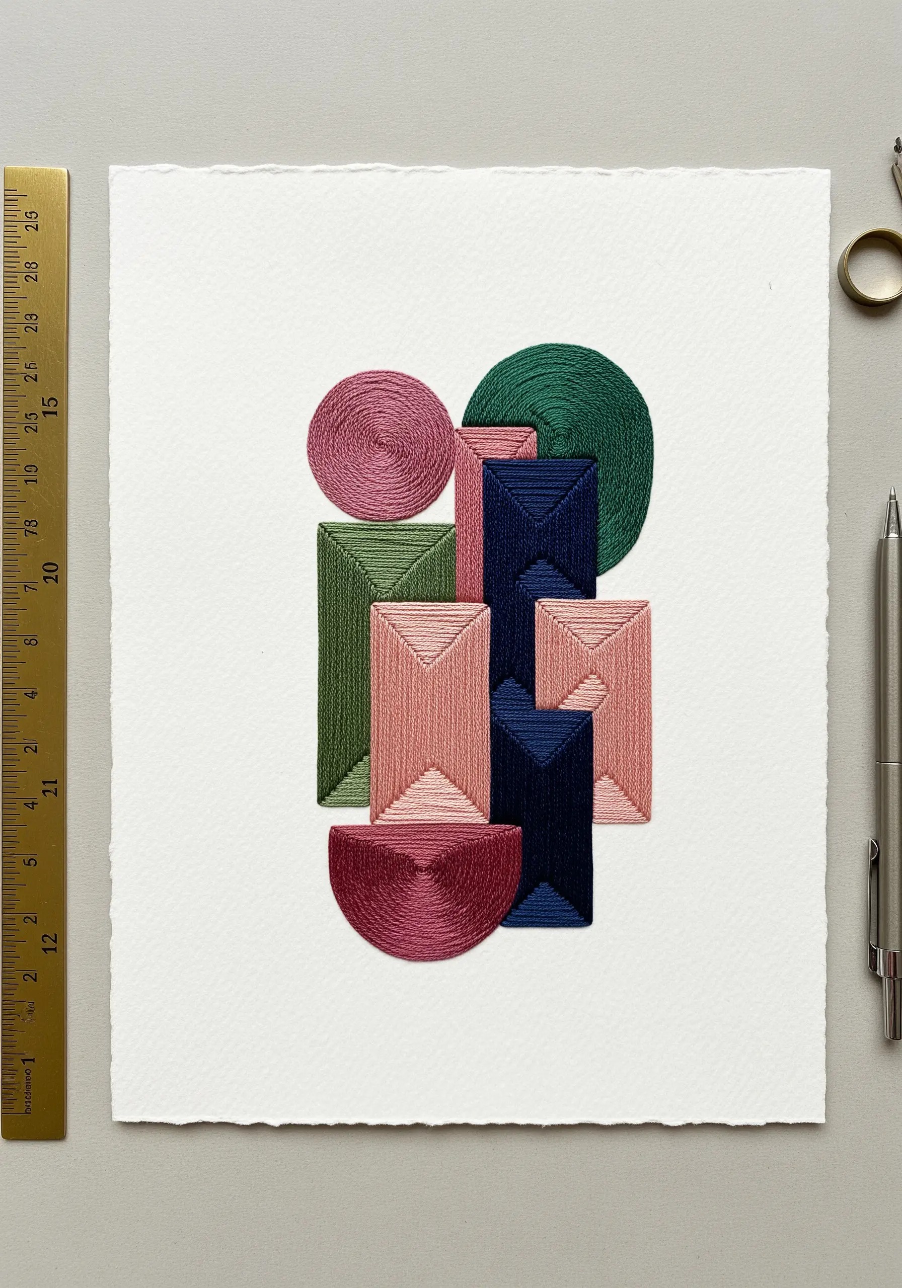 Geometric abstract embroidery on paper using directional satin stitch in multiple colors.