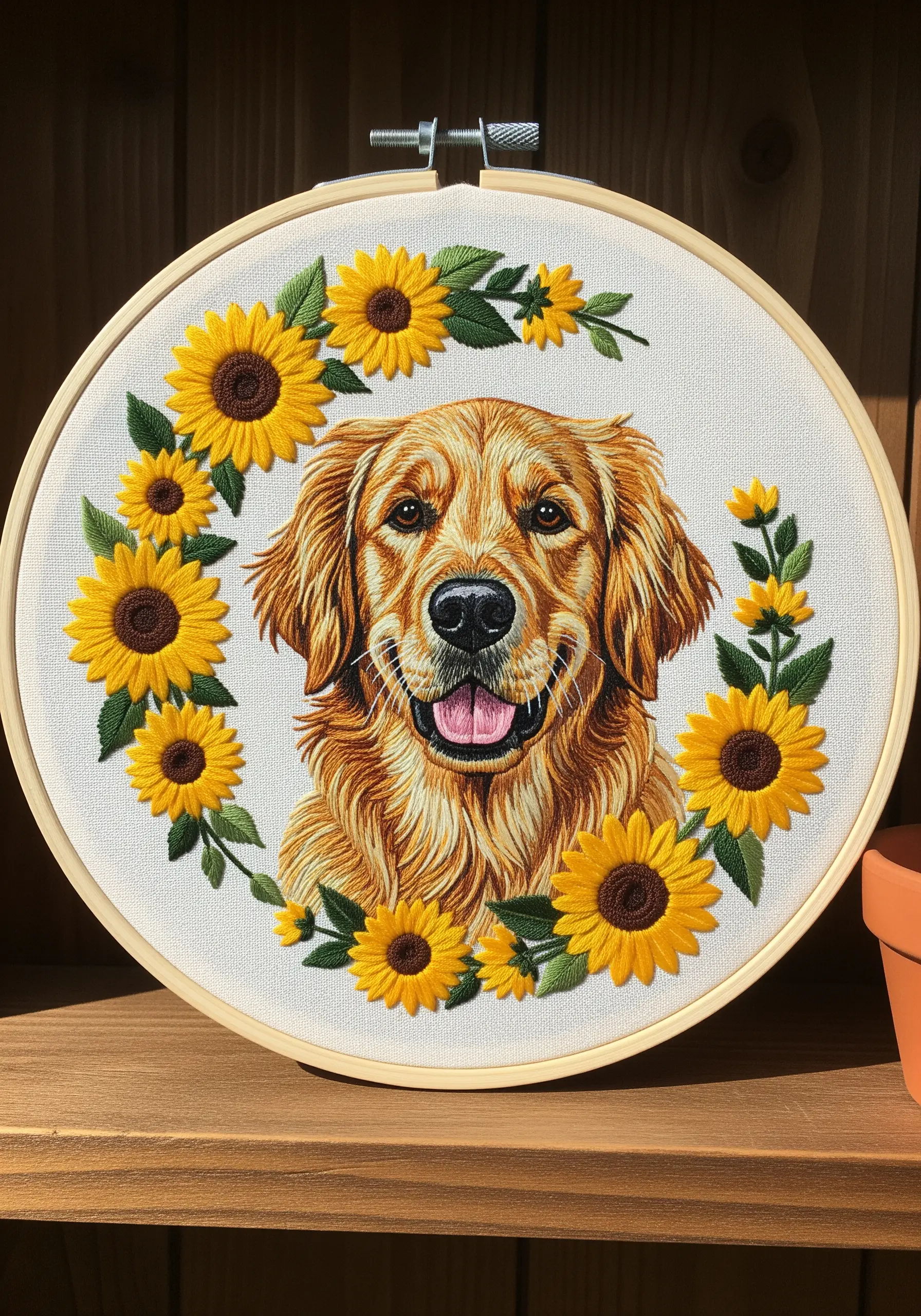 Embroidered golden retriever portrait with long-and-short stitches framed by yellow sunflowers.
