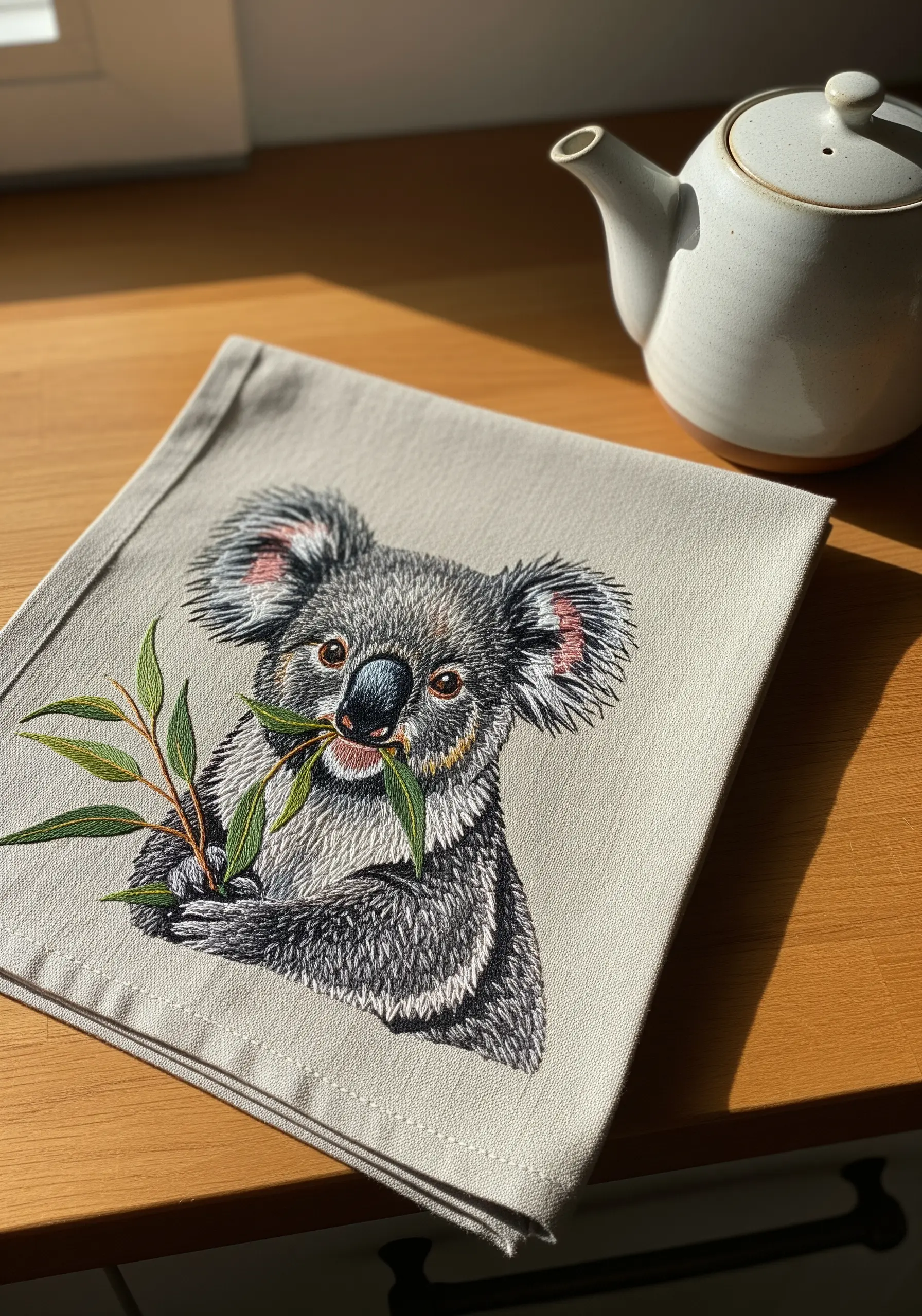 A highly realistic thread-painted koala eating eucalyptus leaves, stitched on a linen napkin.