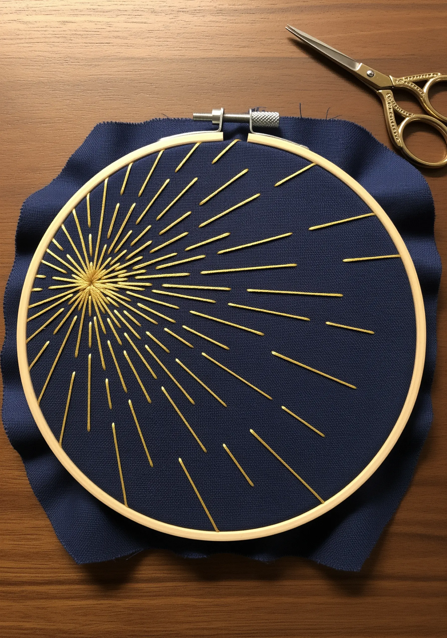 Abstract sunburst embroidered with gold thread on a dark blue fabric background.