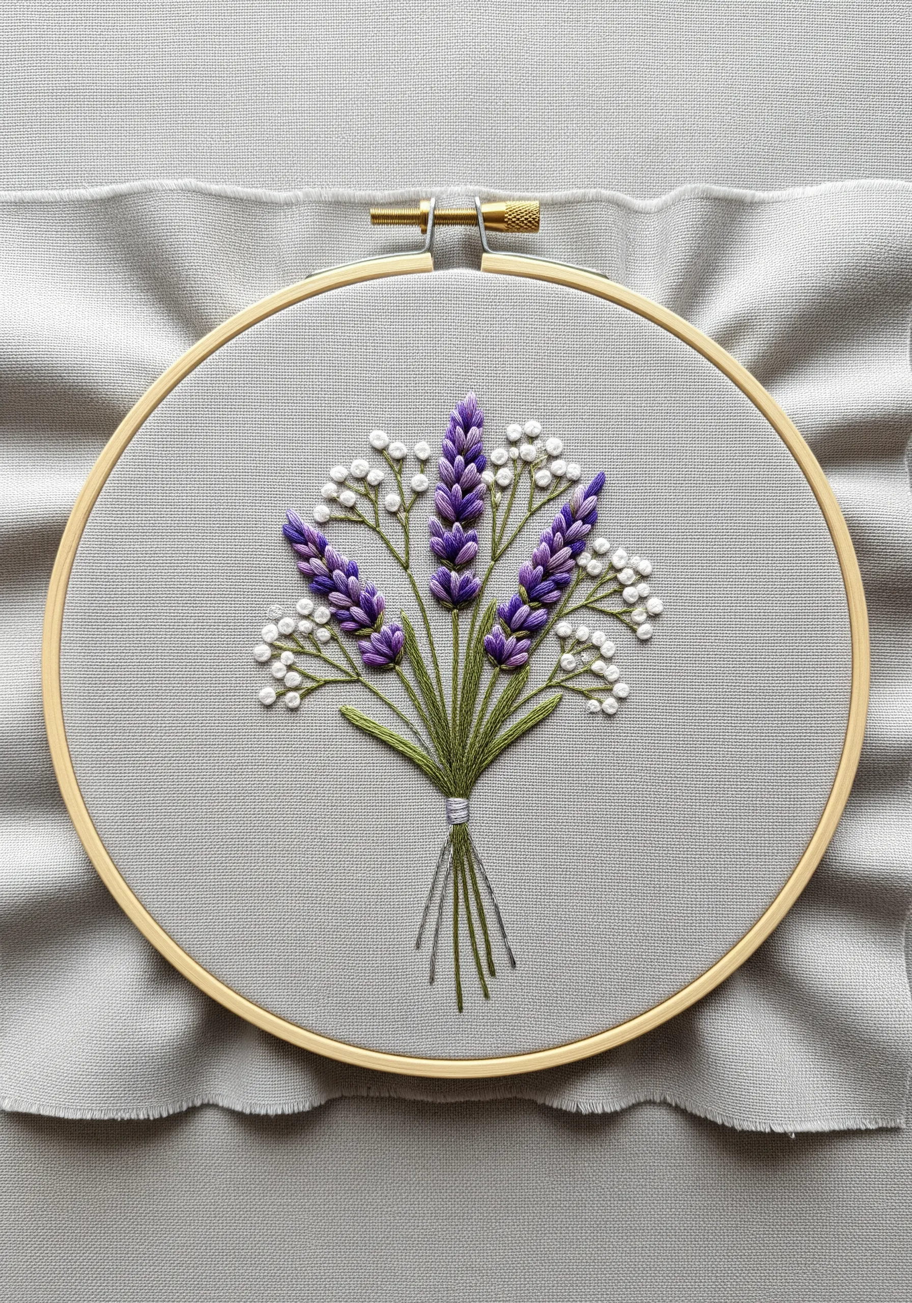 Minimalist embroidery of a lavender and baby's breath bouquet on gray fabric in a hoop.