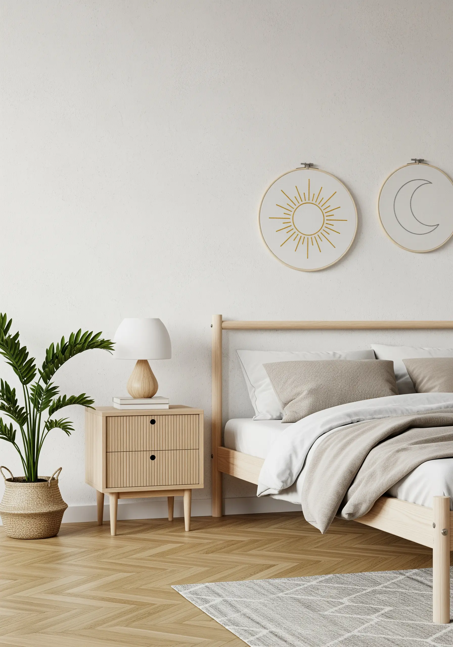 Two simple line art embroideries of a sun and a moon above a bed.