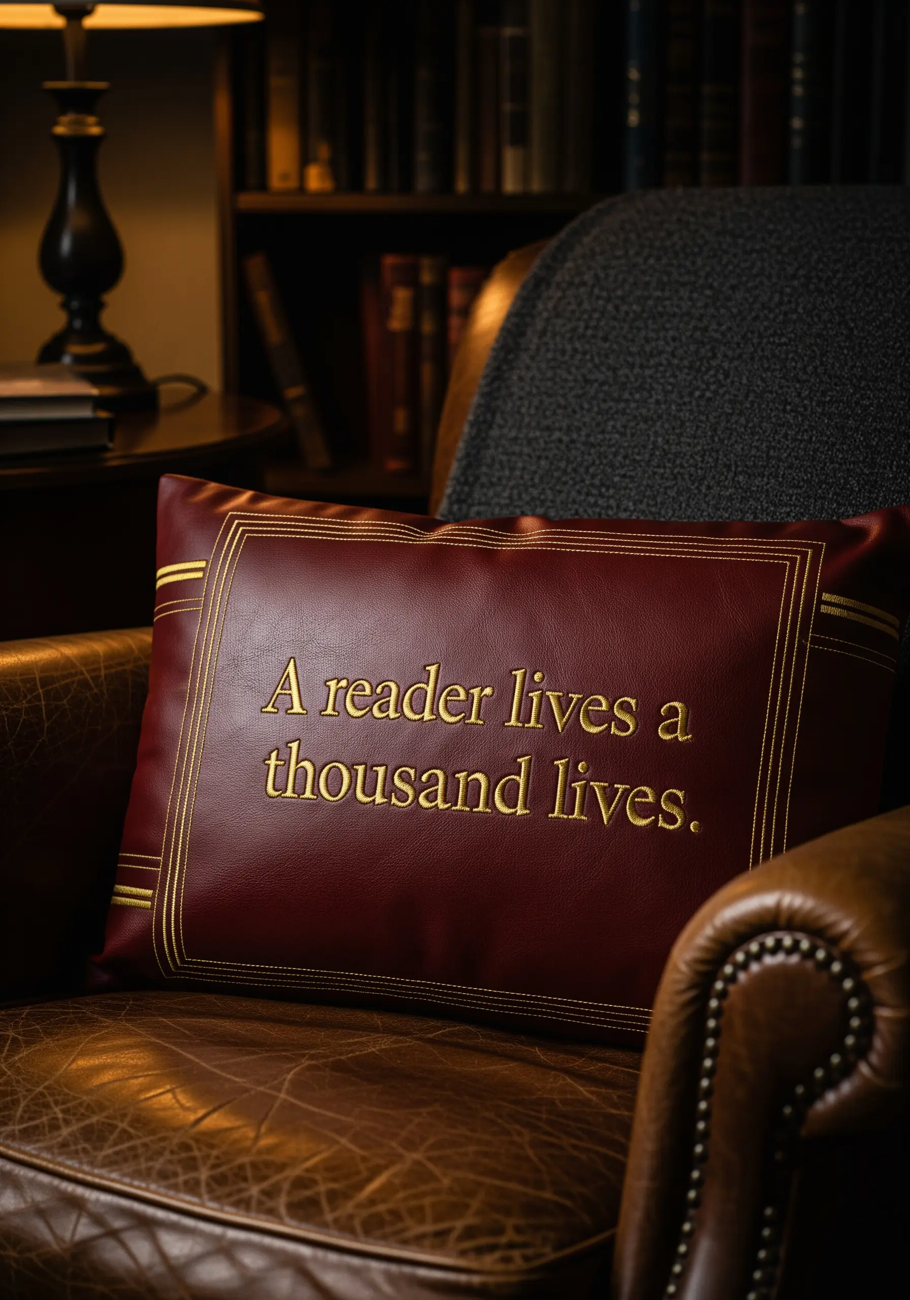Gold thread embroidered quote on a burgundy faux leather pillow, resembling a classic book cover.