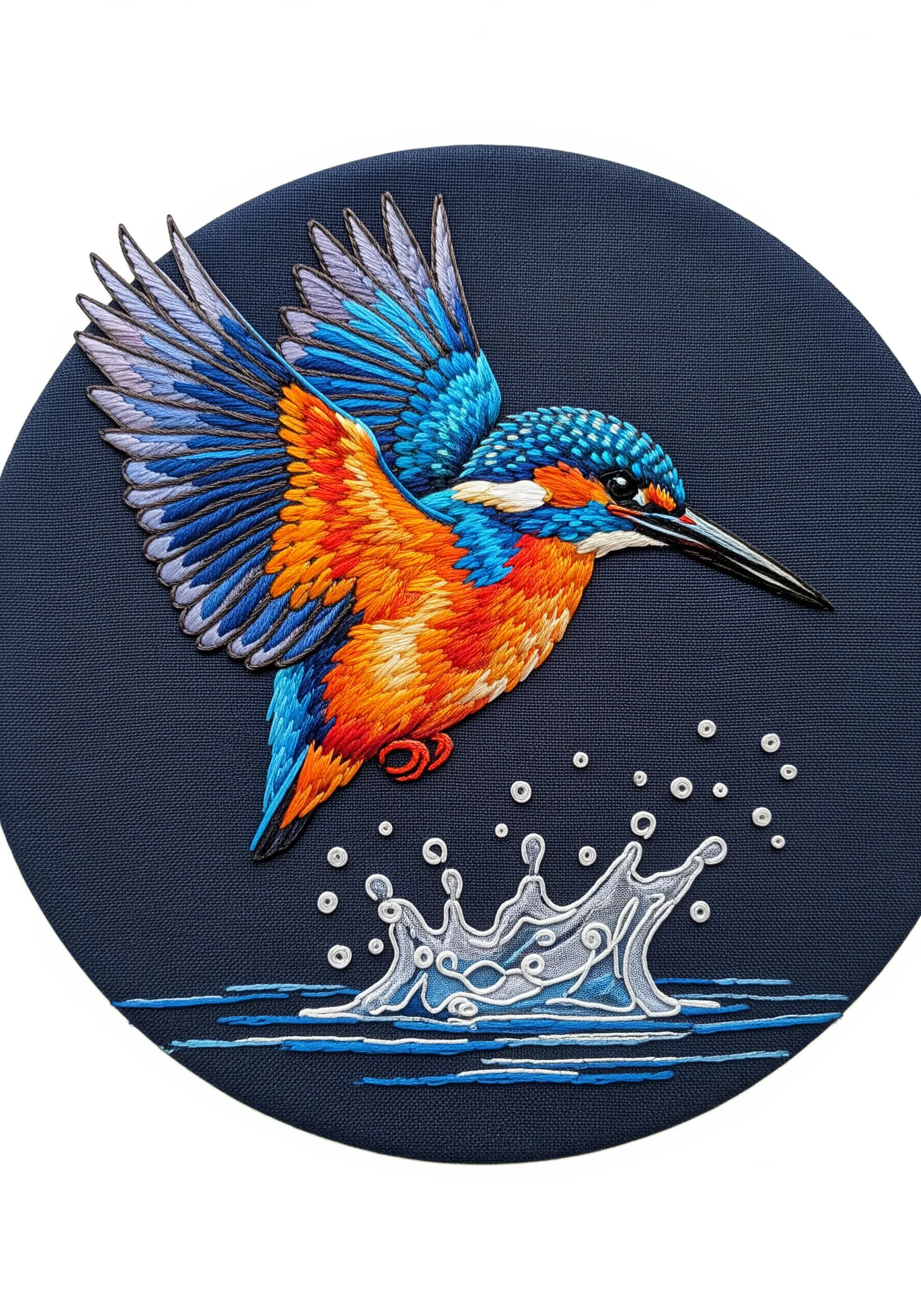 A vibrant kingfisher embroidered with precise thread painting on a dark navy background.
