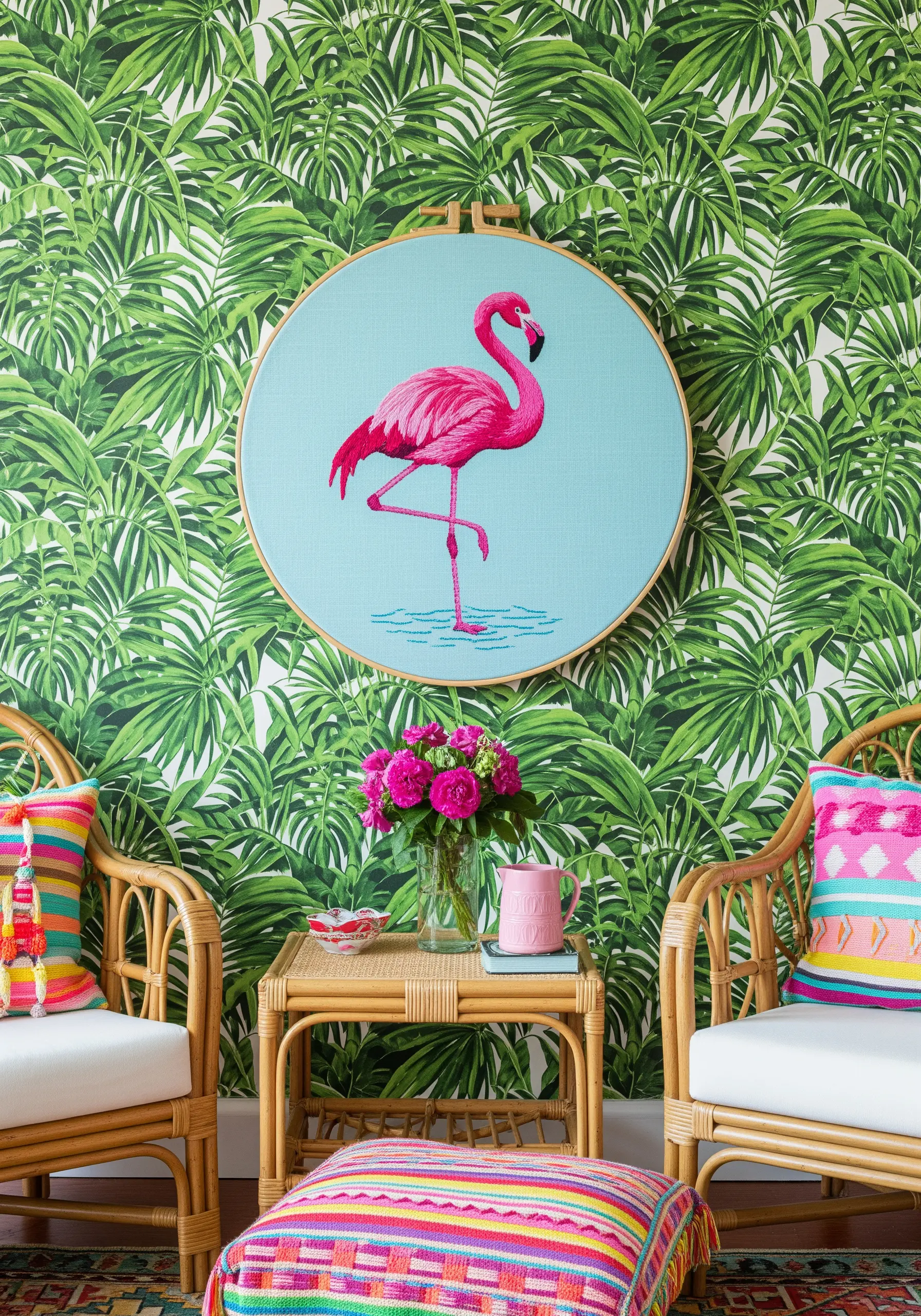 A vibrant pink flamingo with smooth color gradients achieved through long-and-short stitch.