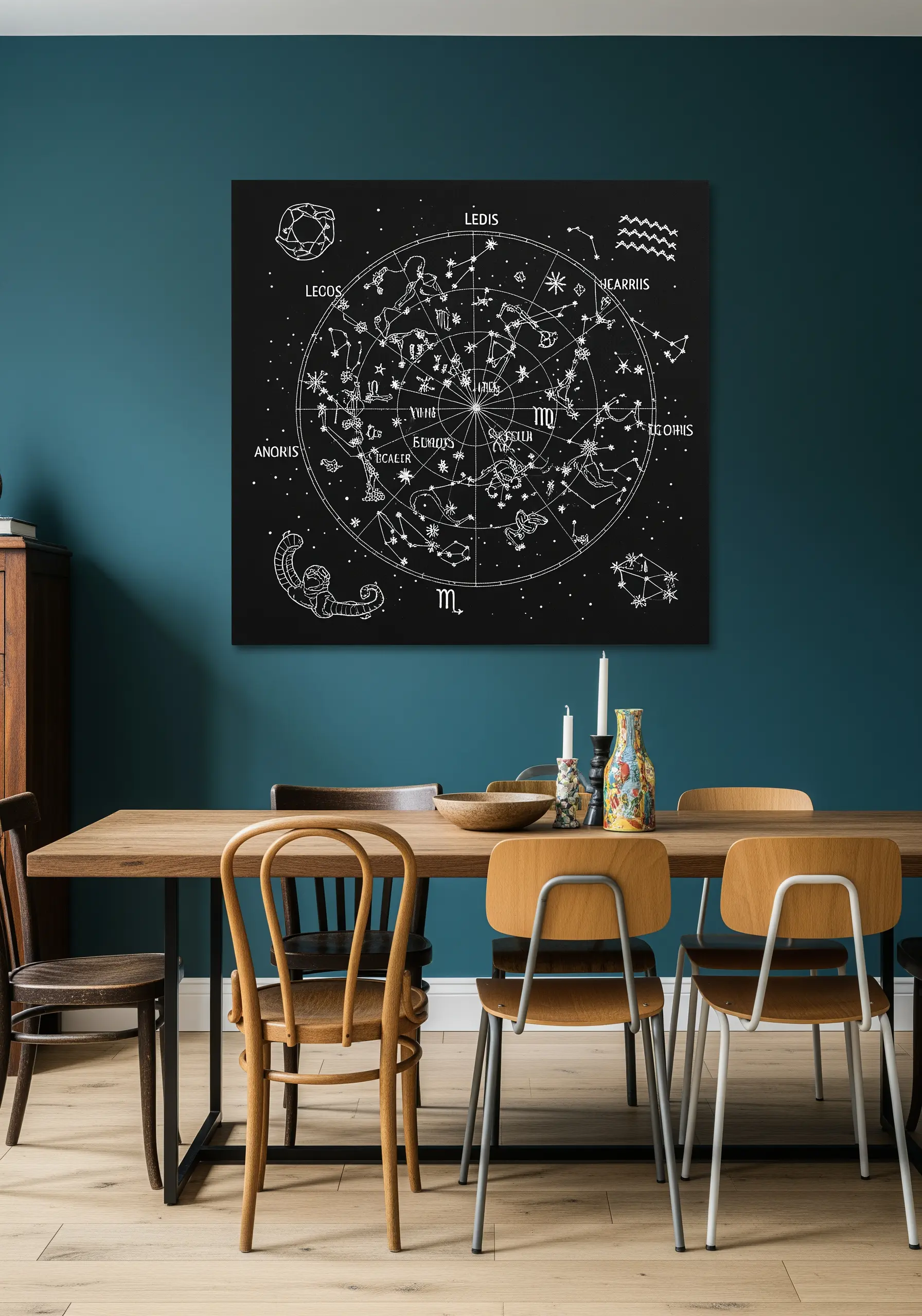 A large, detailed zodiac and constellation map embroidered in white thread on black canvas.