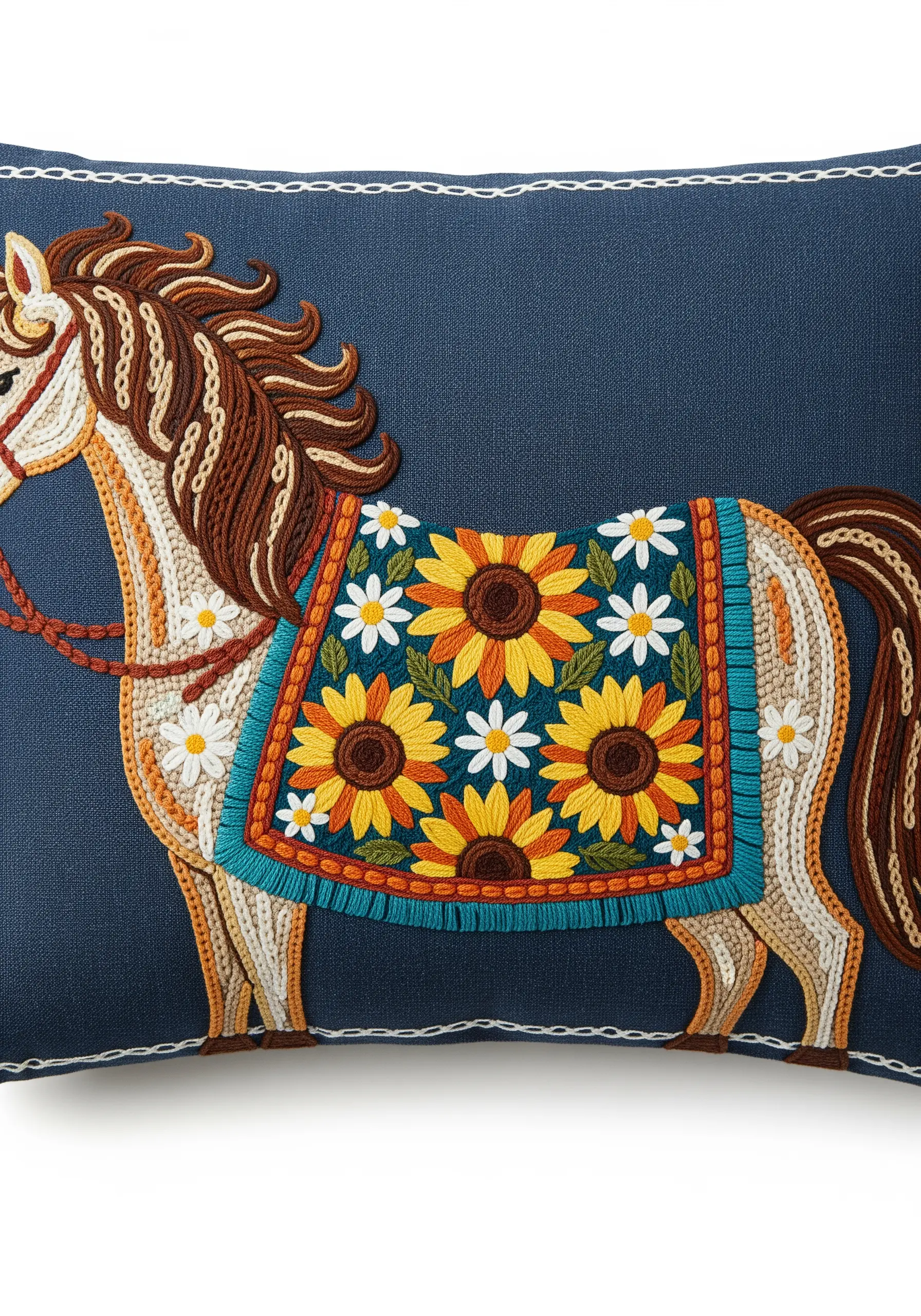 Folk-art horse embroidery with a sunflower blanket and textured stitches on a pillow.