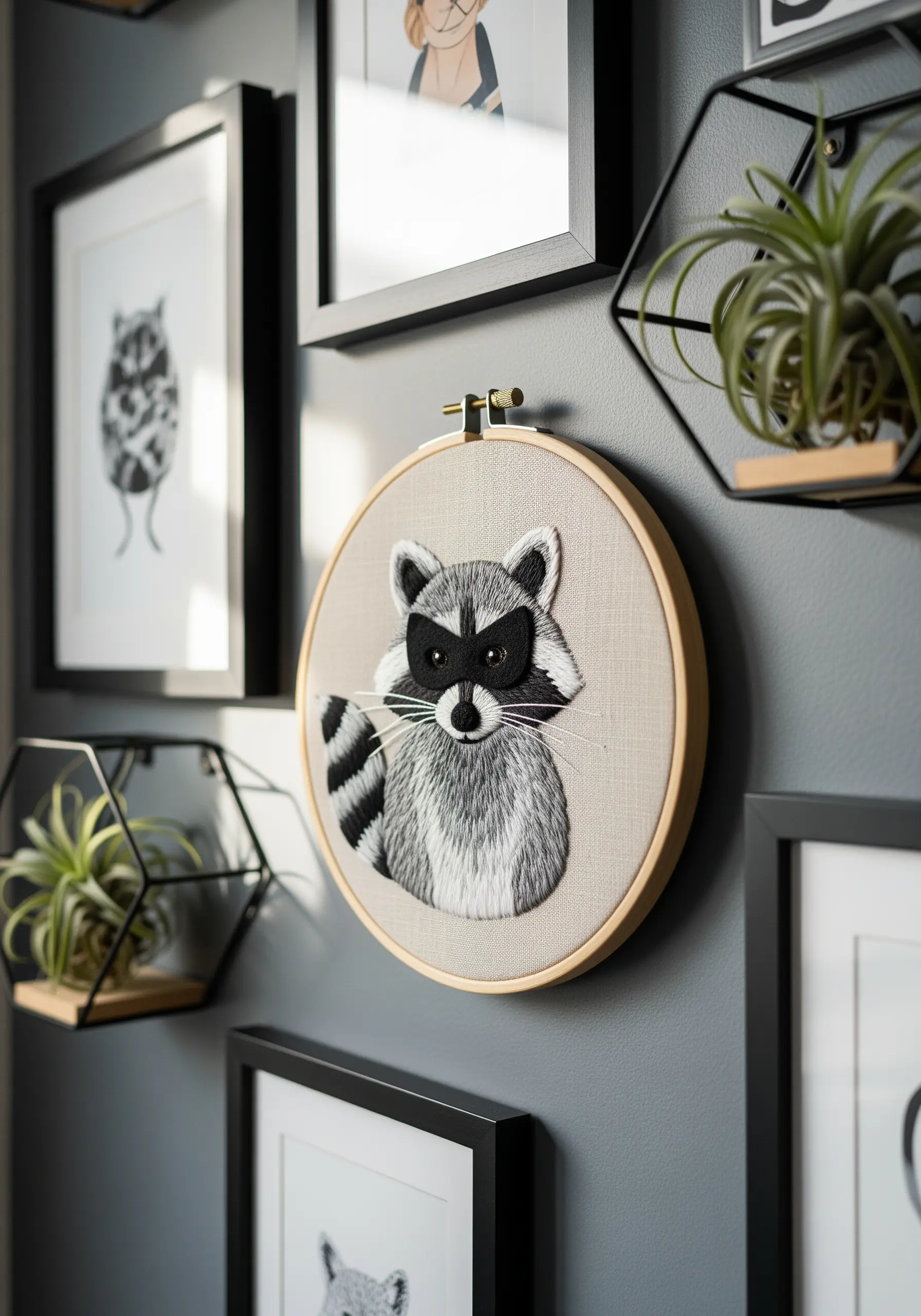 Raccoon portrait with detailed long-and-short stitch fur texture.