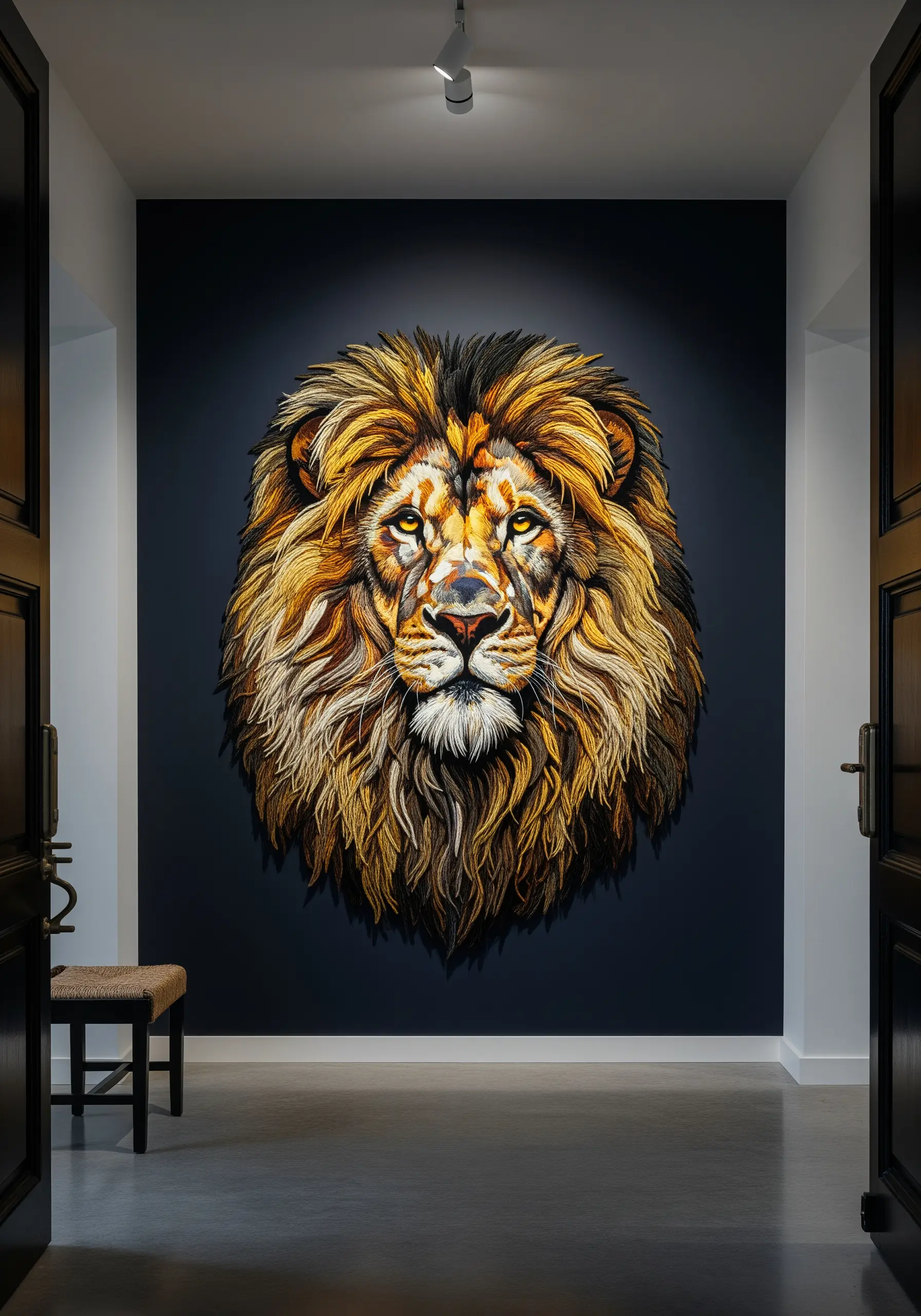 A large, highly detailed embroidered portrait of a lion's head on a dark wall