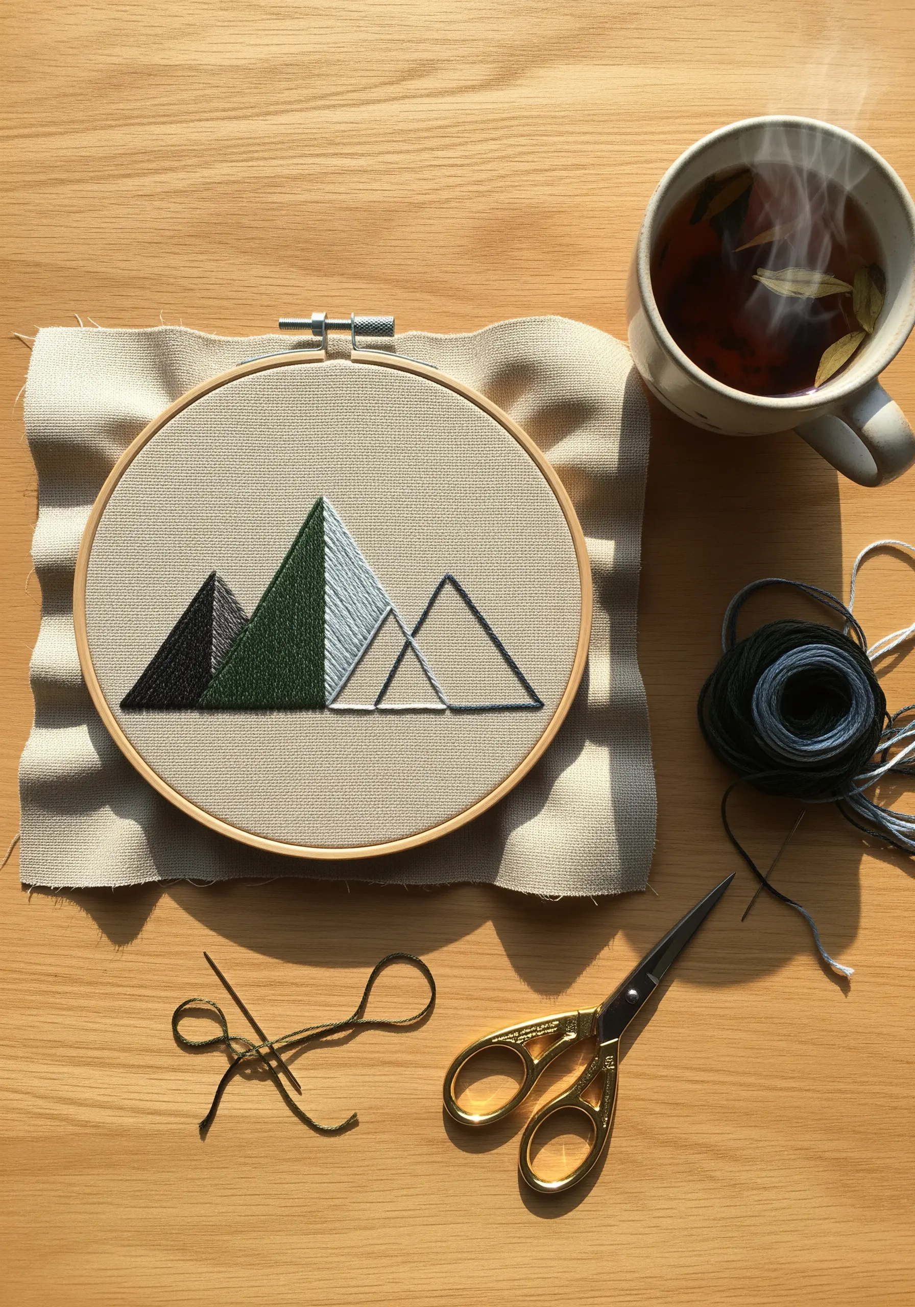 Minimalist geometric mountain range embroidery with satin stitch and backstitch.