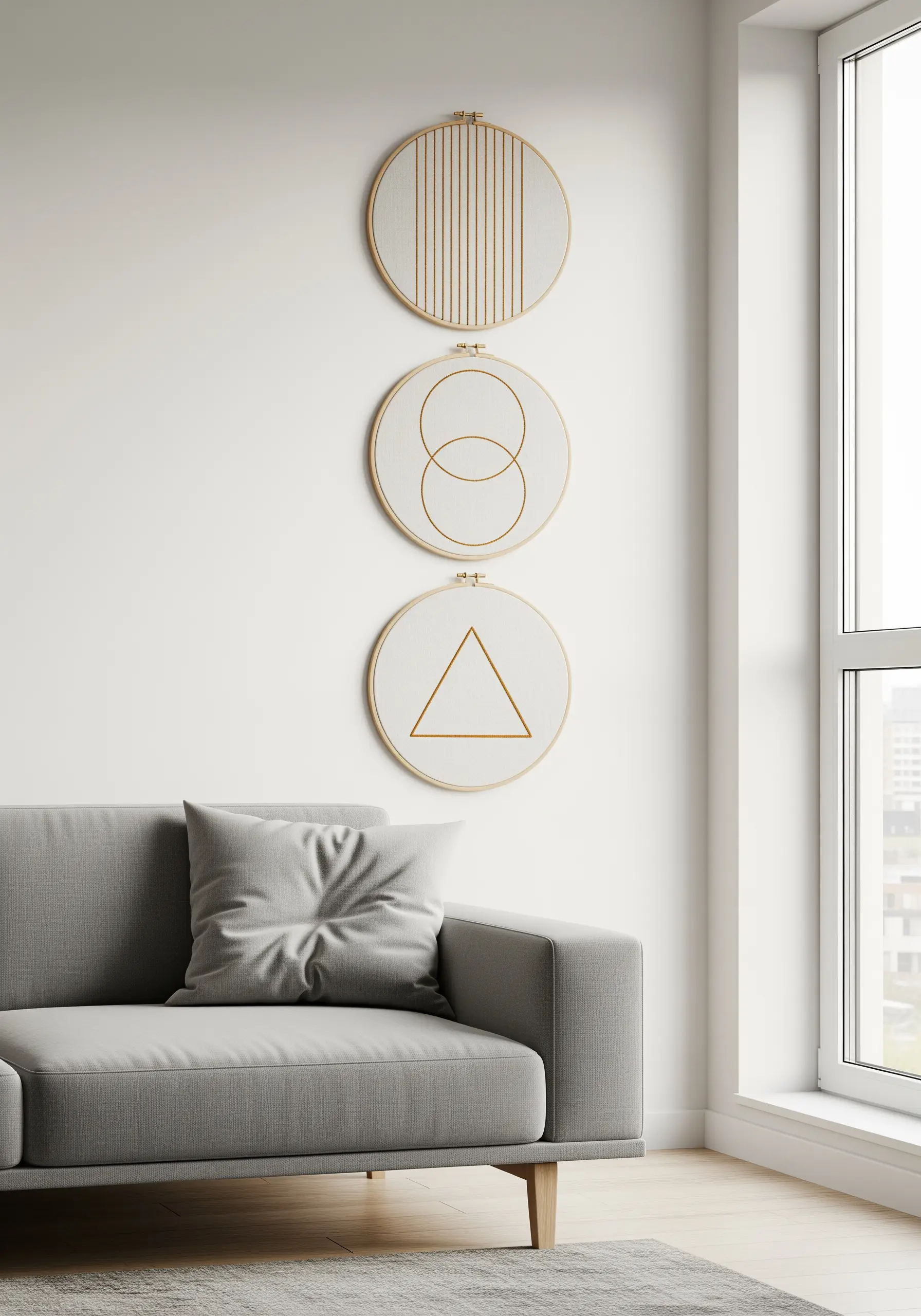Trio of minimalist geometric embroidery hoops with lines, circles, and a triangle.