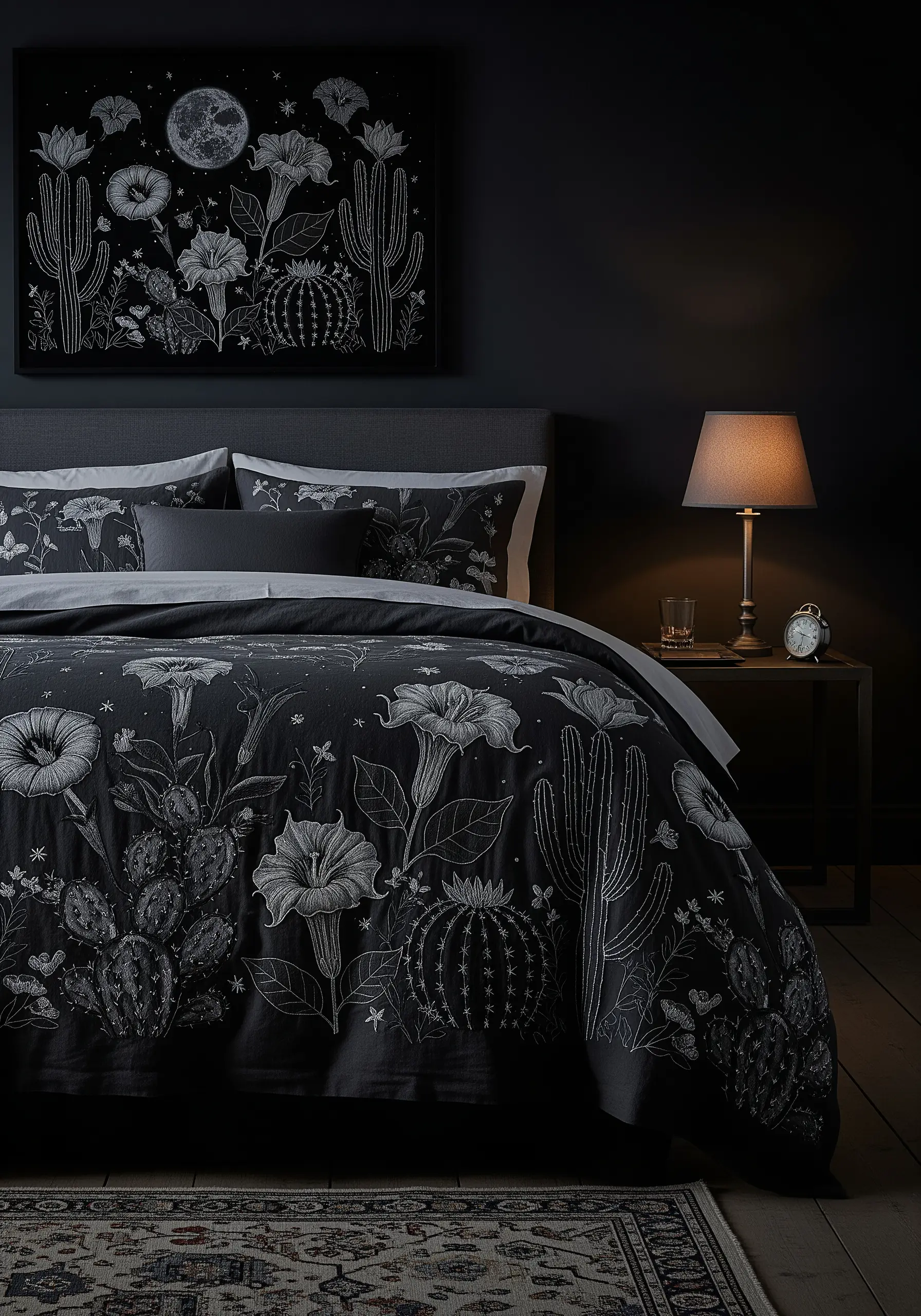 Black duvet cover and pillows with intricate white embroidery of desert flowers and cacti.