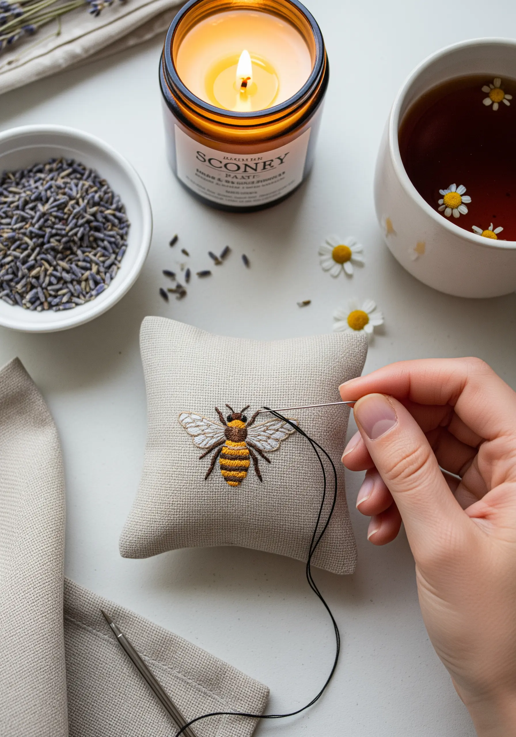 A small embroidered bee on a linen pincushion, focusing on the delicate wing stitches.