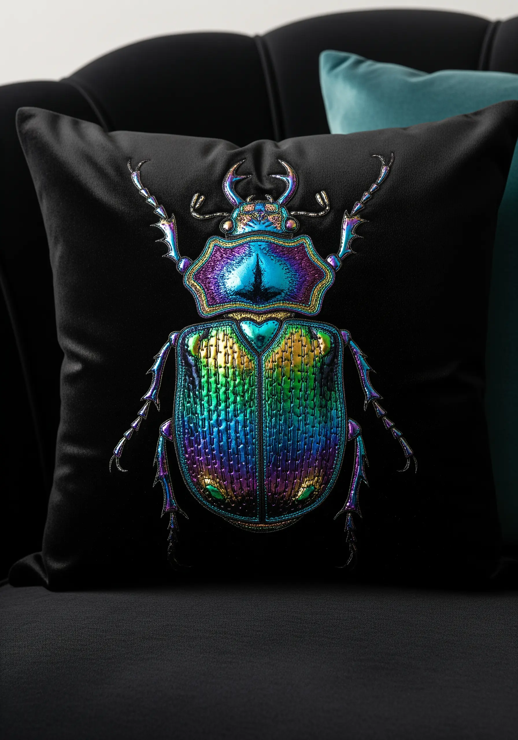 An iridescent embroidered beetle with metallic threads on a black satin pillow.