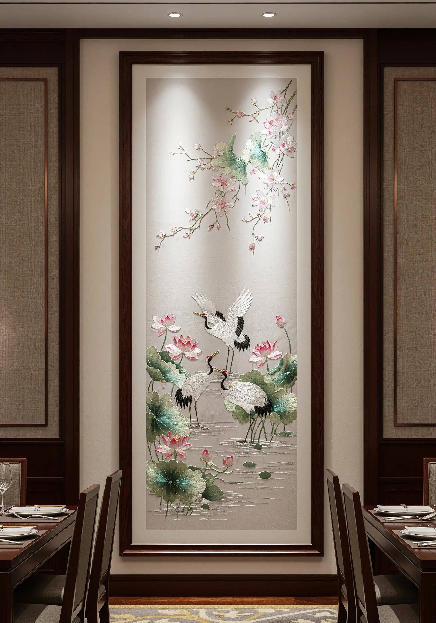 Elegant Japanese silk embroidery of cranes and lotus flowers in a tall vertical frame.