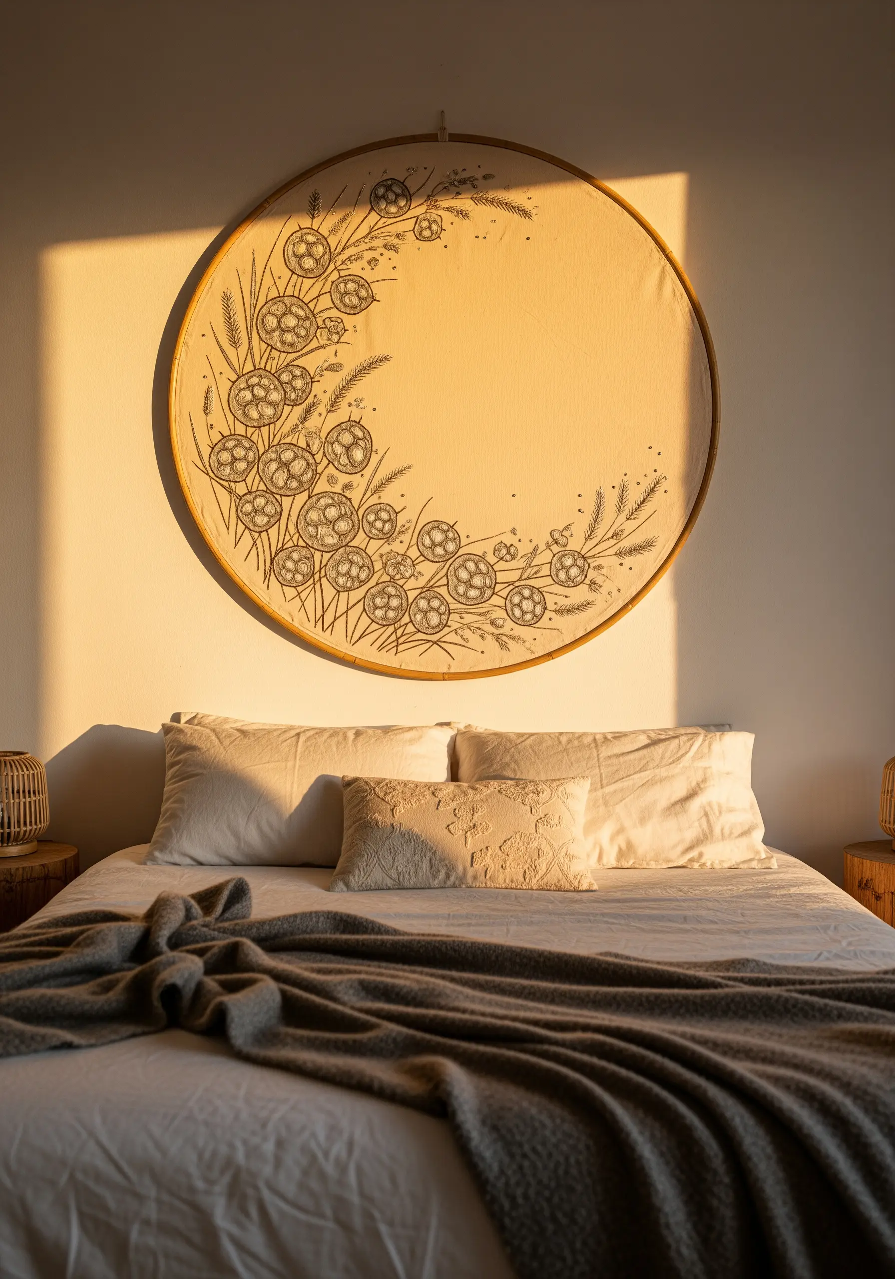 Large-scale embroidery hoop with minimalist floral line art hanging over a bed.