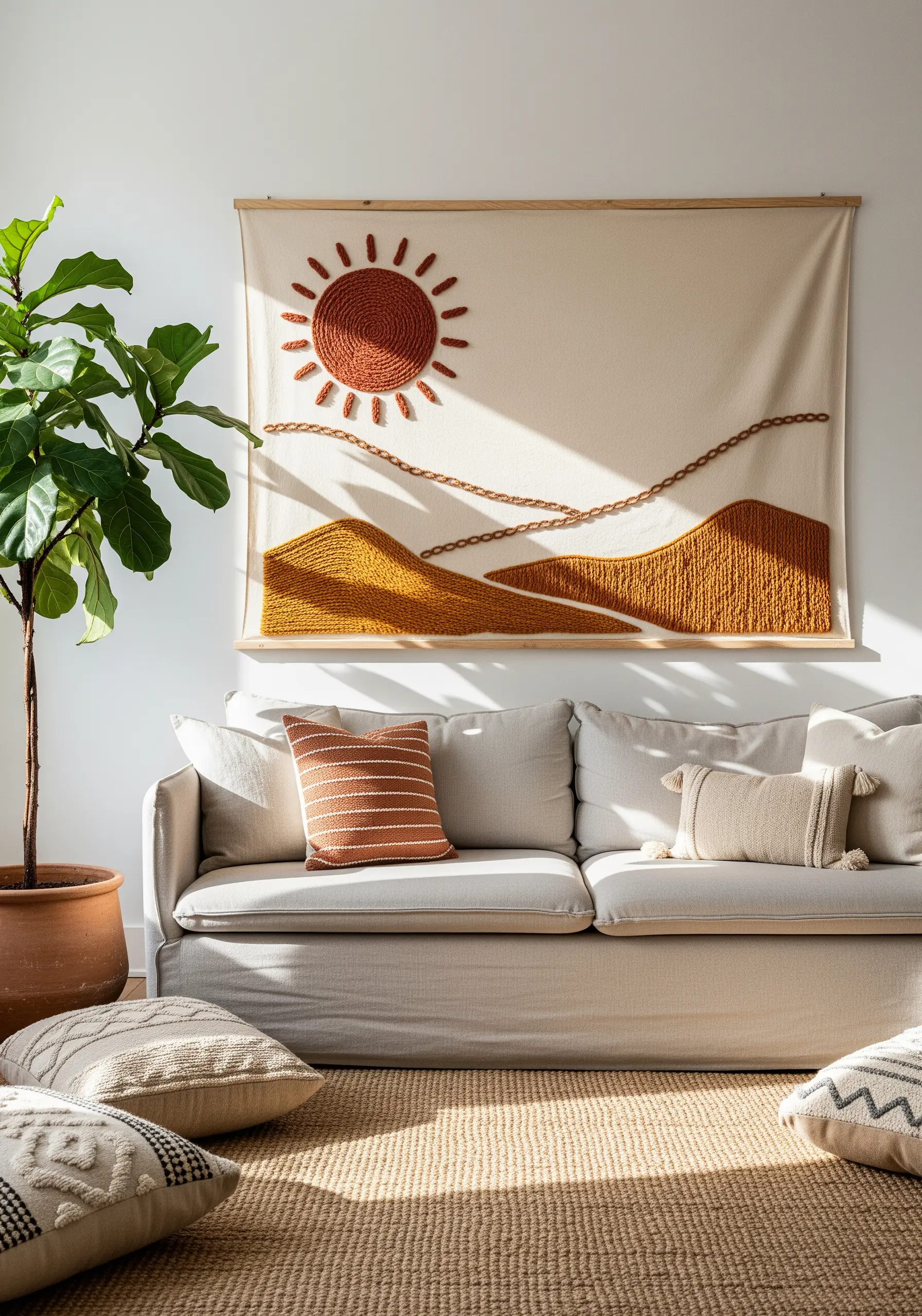 Large-scale embroidered wall hanging of a sun and desert hills using chunky yarn.