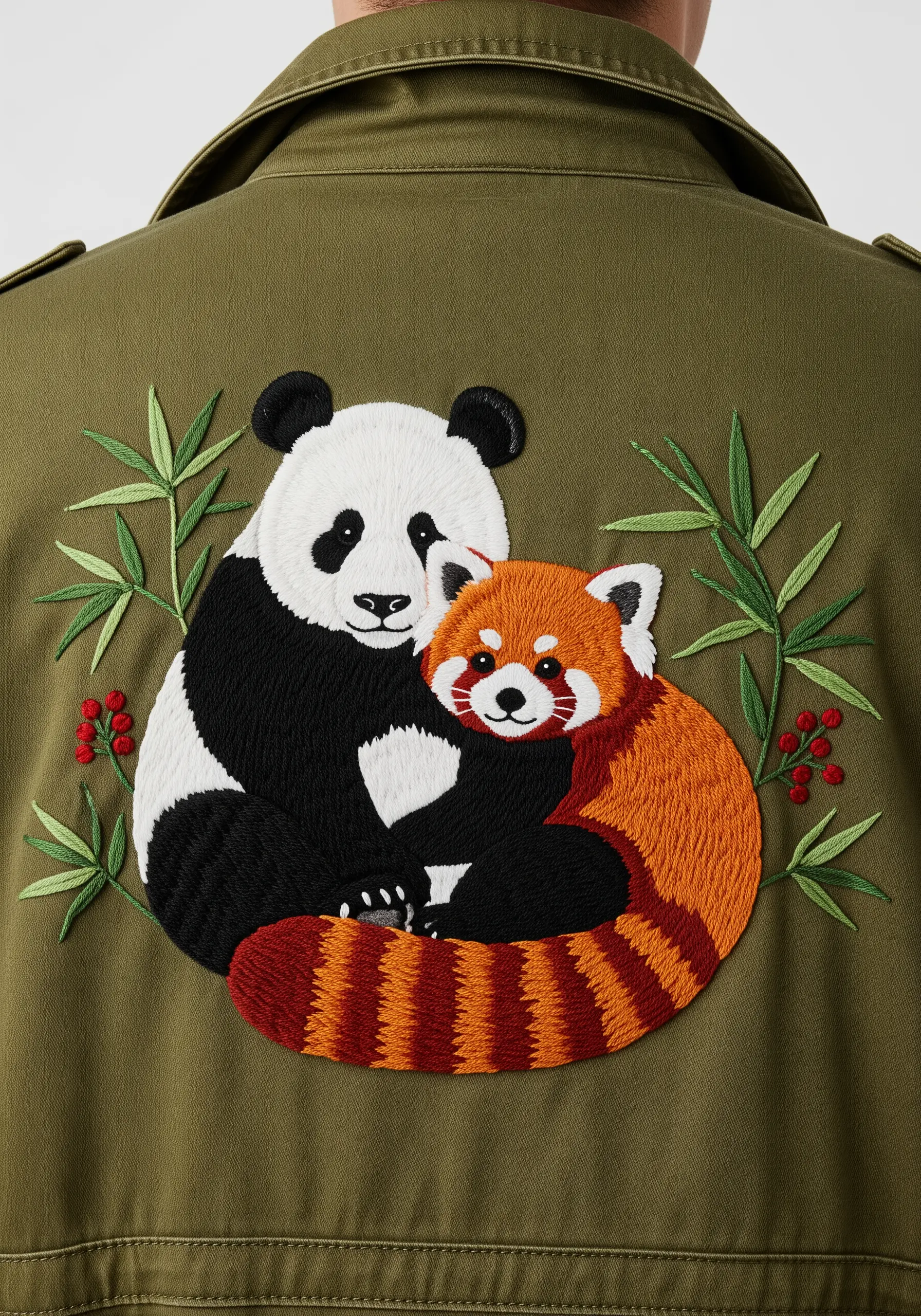 A large thread-painted panda and red panda on the back of an olive green jacket.