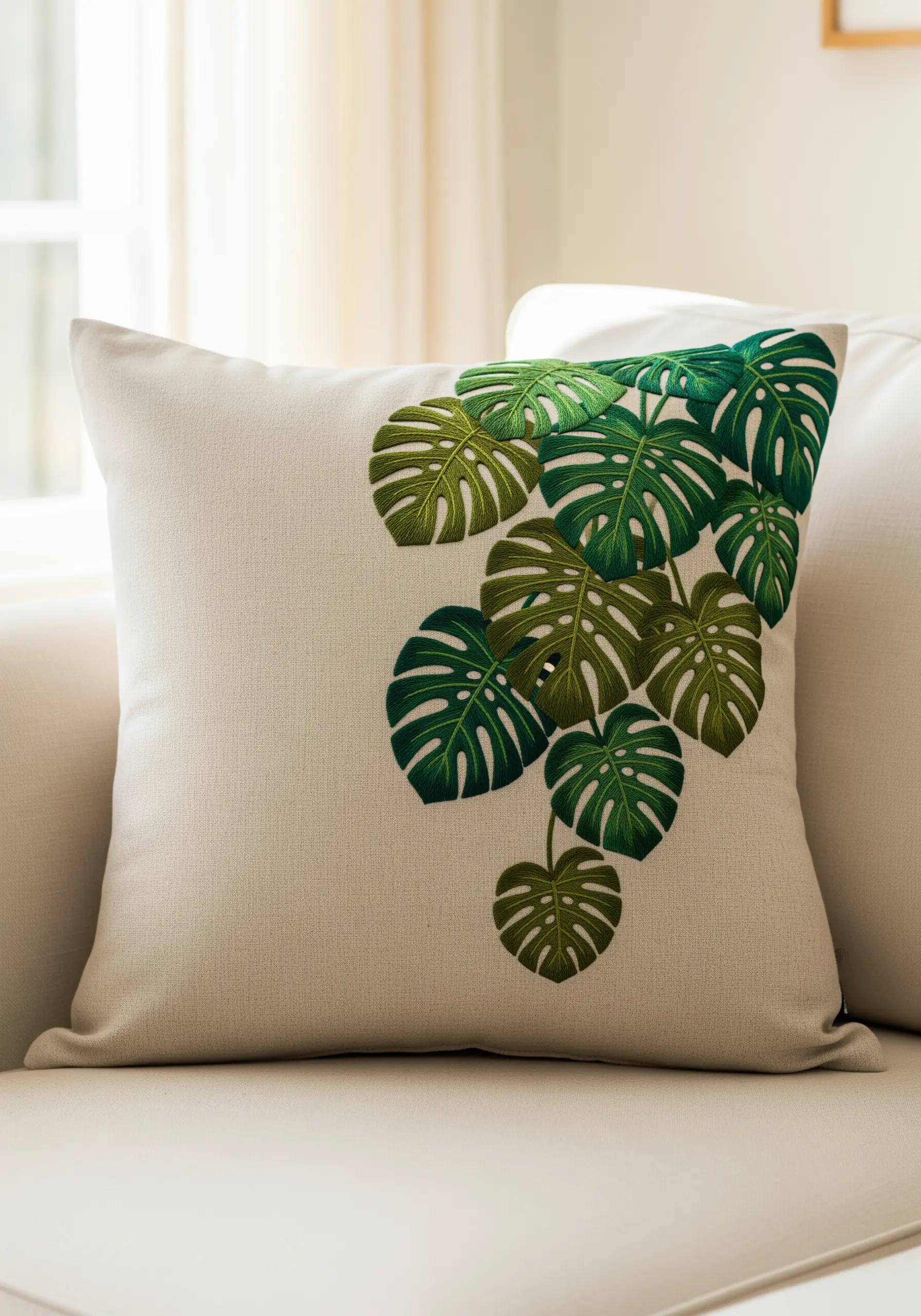 Detailed satin stitch Monstera leaves with realistic color shading on a neutral pillow.
