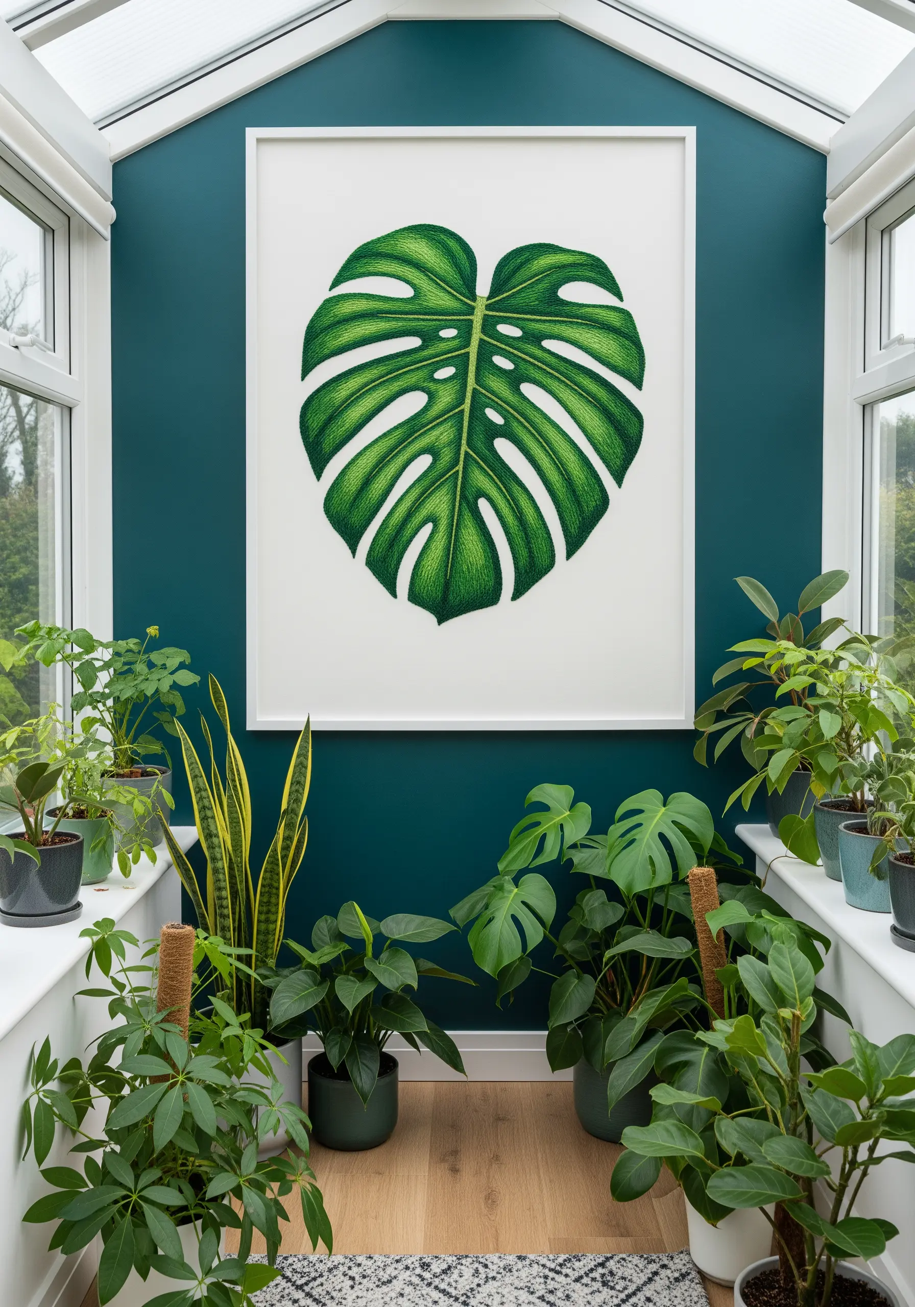 A large, framed thread-painted embroidery of a realistic Monstera leaf in a sunroom.