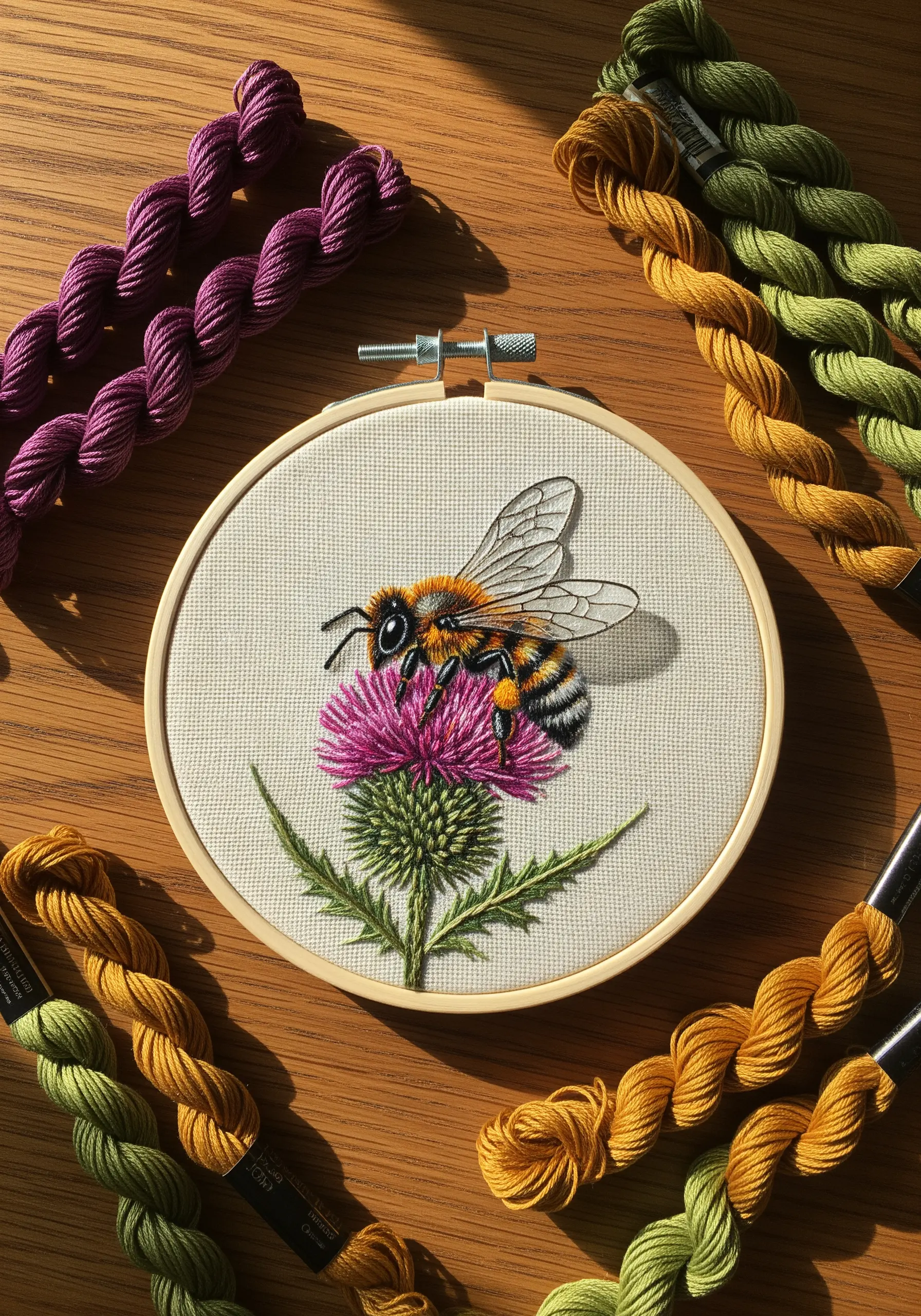Detailed thread-painted bee on a thistle flower in an embroidery hoop.