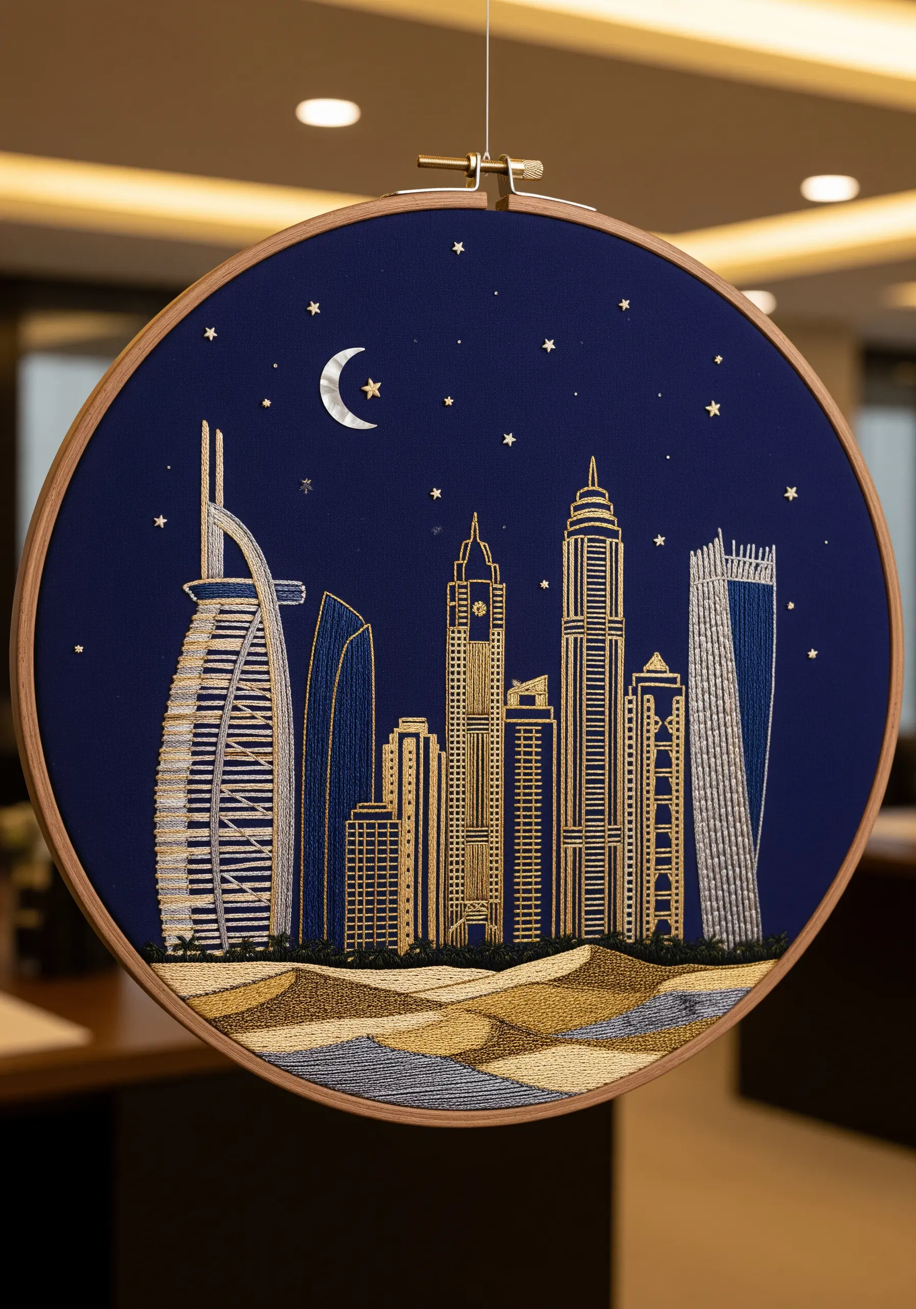 Embroidery of Dubai's skyline in a hoop using gold and silver metallic threads.
