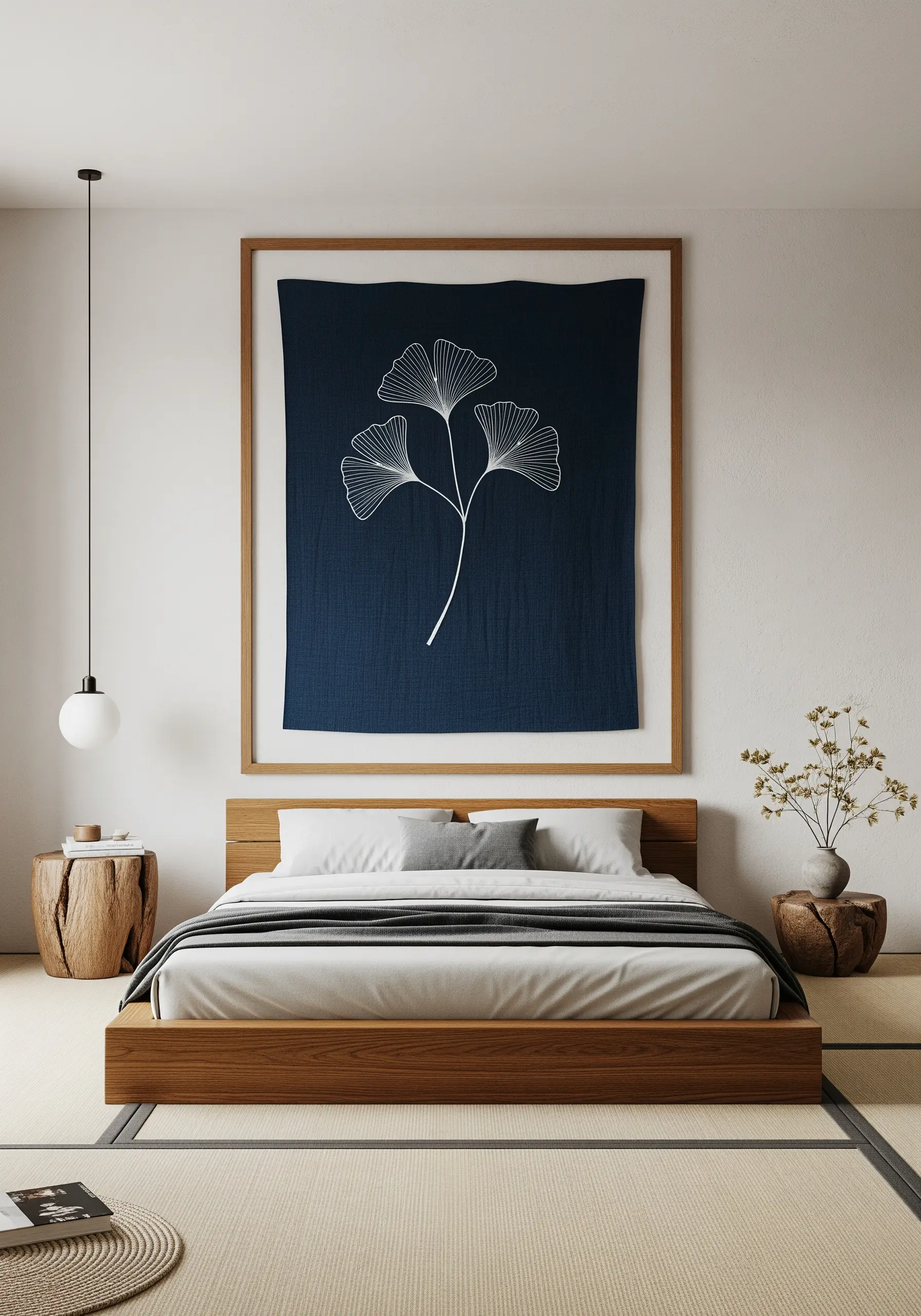 A large navy wall hanging with a single ginkgo leaf embroidered in white outline.