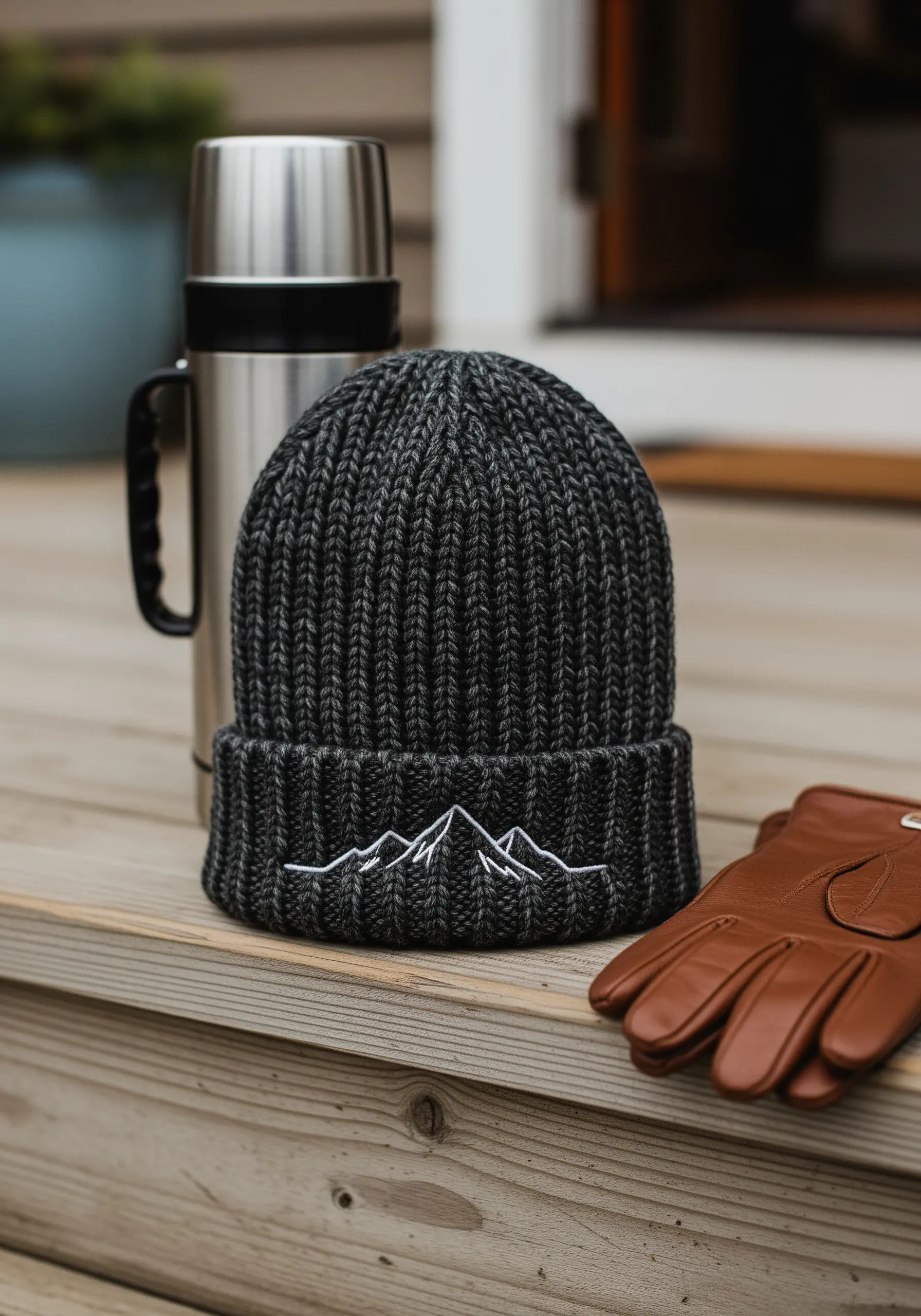 A dark gray ribbed beanie with a minimalist white embroidered mountain range on the cuff.