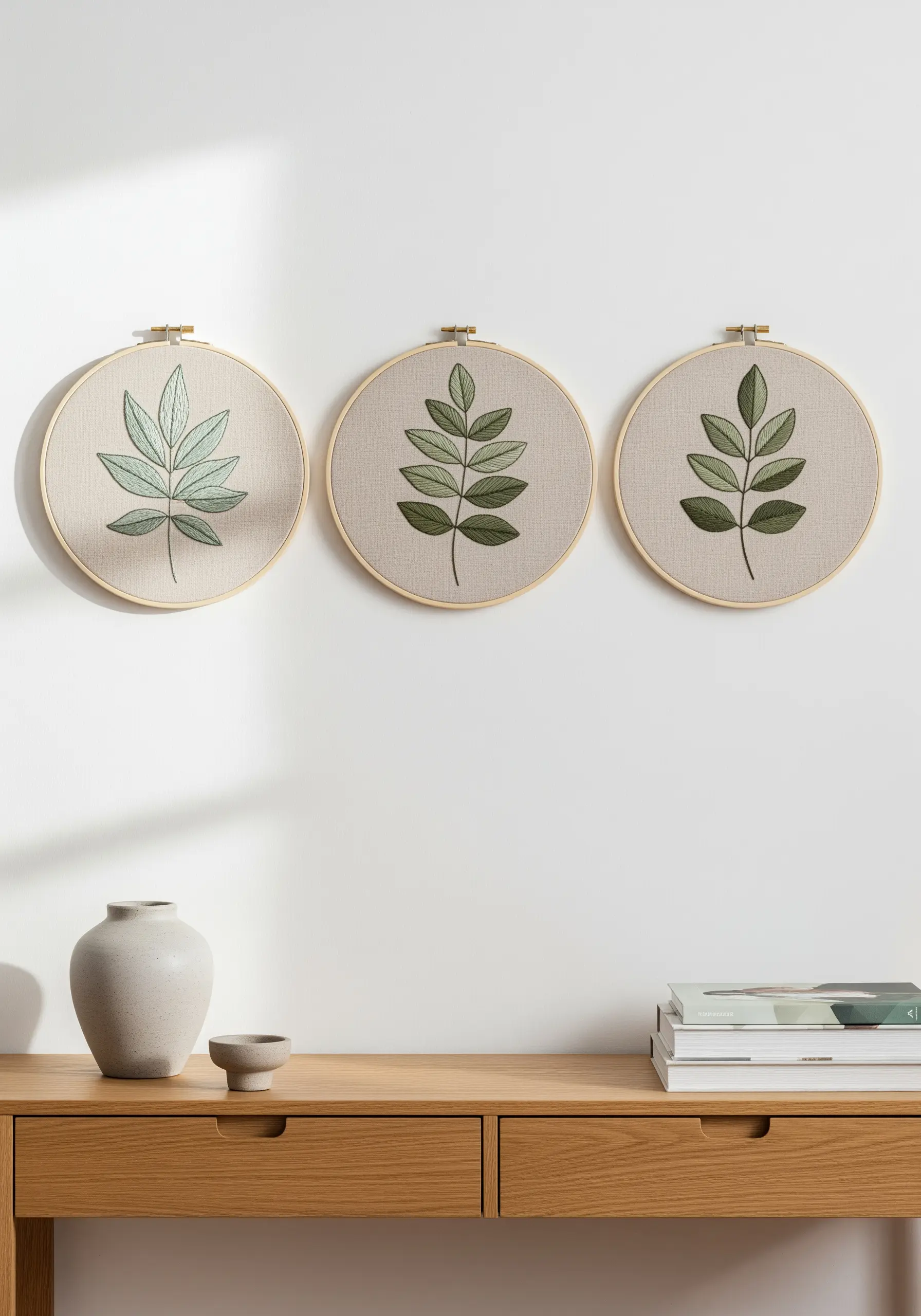Three embroidery hoops with green leaf motifs in monochromatic shades.