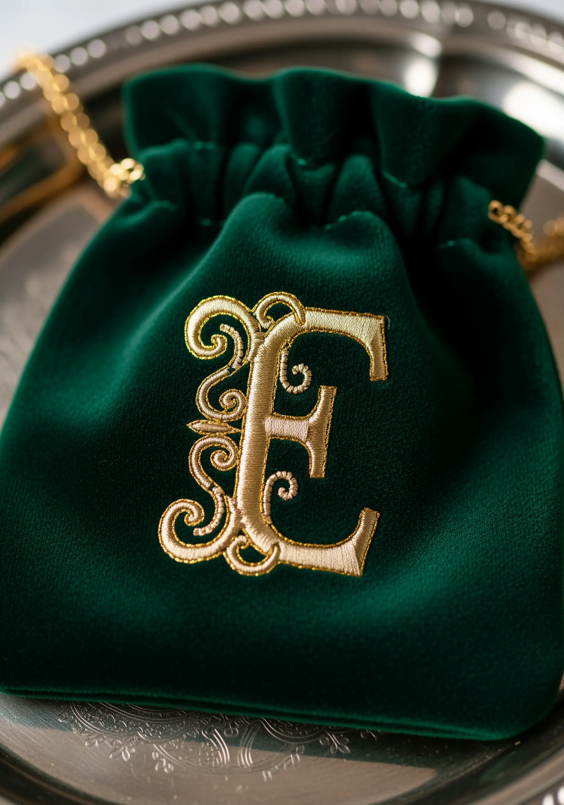 A detailed gold embroidered 'E' monogram on a lush, dark green velvet pouch.