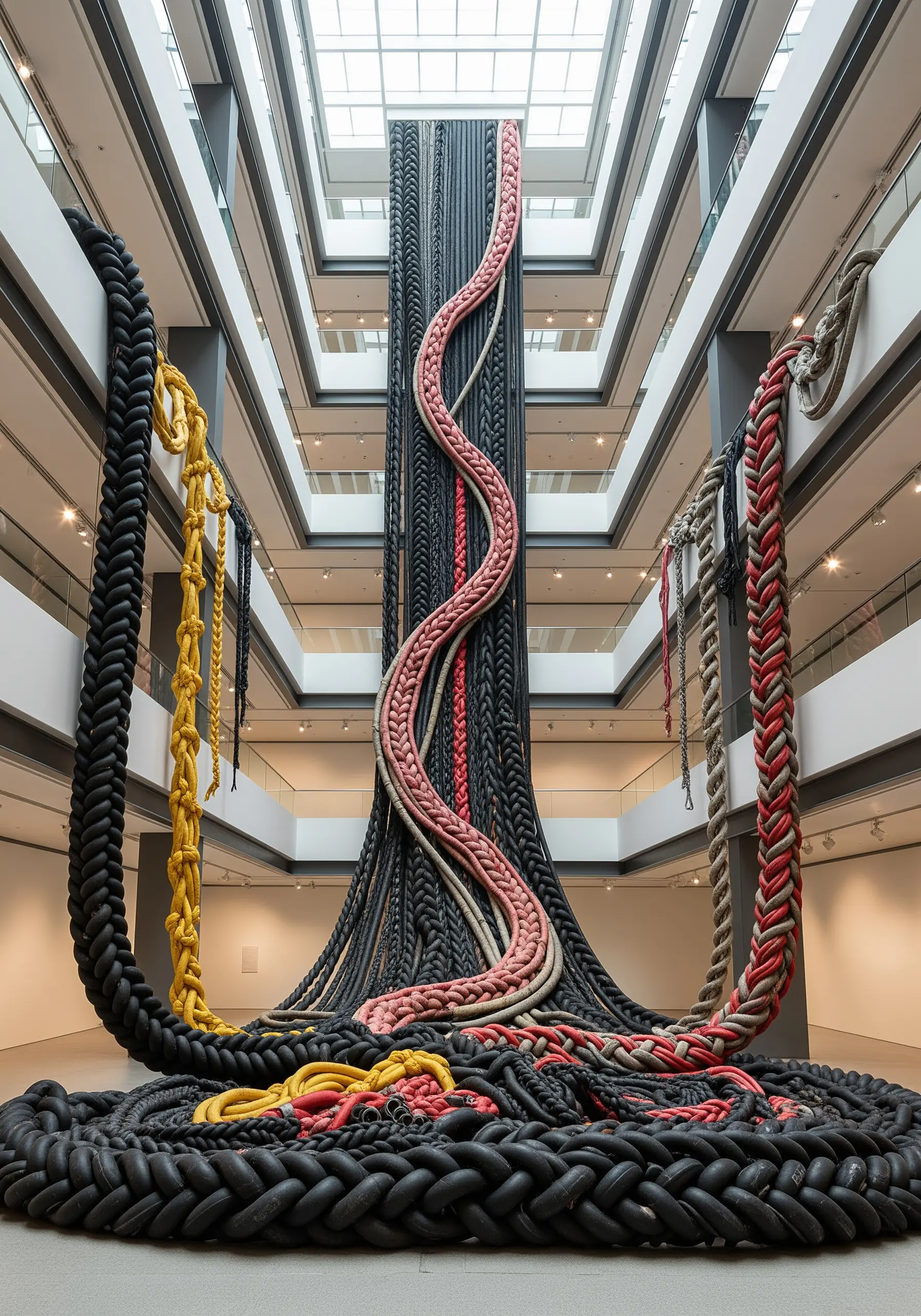 A monumental fiber art installation made of giant black, pink, red, and yellow braided ropes.