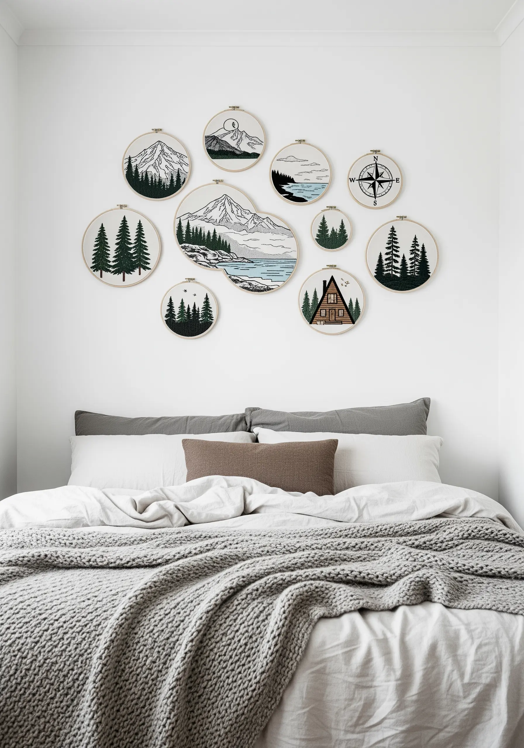 A cluster of nine mountain and forest-themed embroidery hoops arranged above a bed.