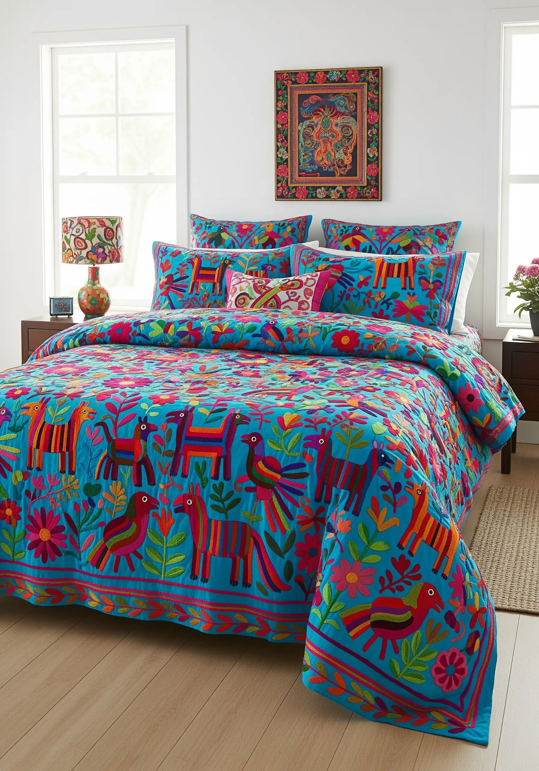 A vibrant turquoise bedspread covered in traditional Otomi embroidery of colorful animals and flowers.
