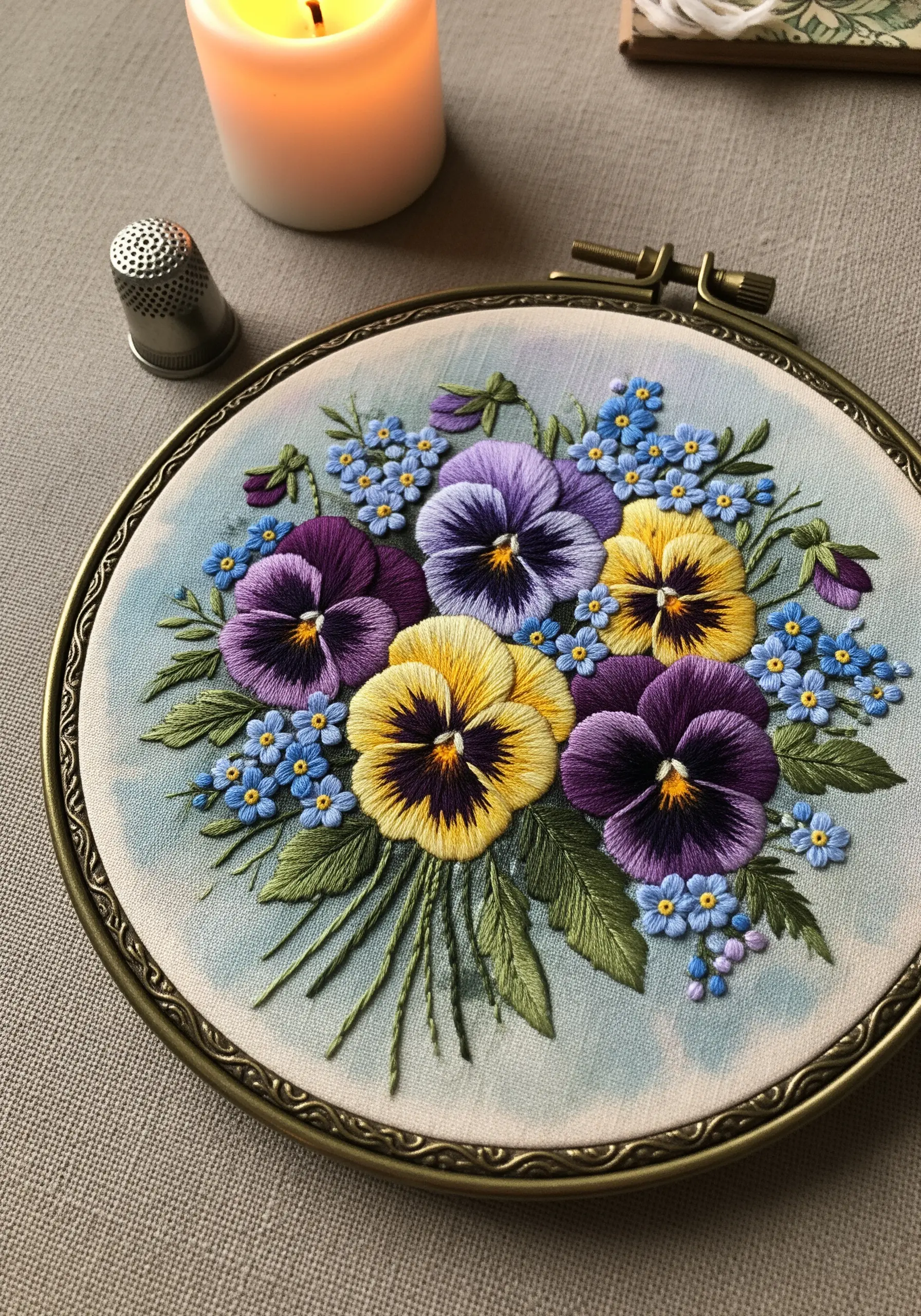 A detailed embroidery of yellow and purple pansies with forget-me-nots in a vintage hoop.