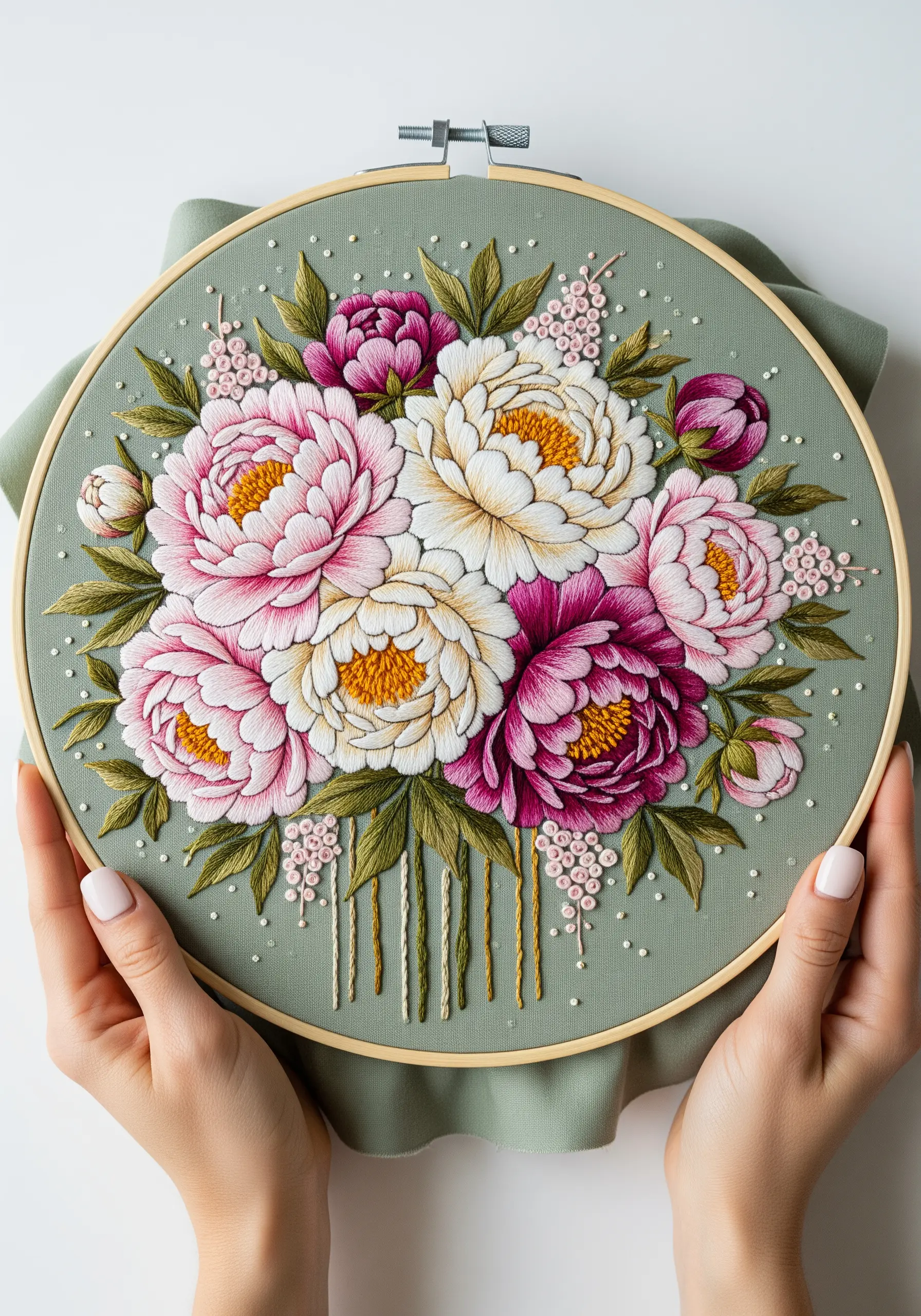 A detailed, thread-painted bouquet of pink and white peonies held in two hands.