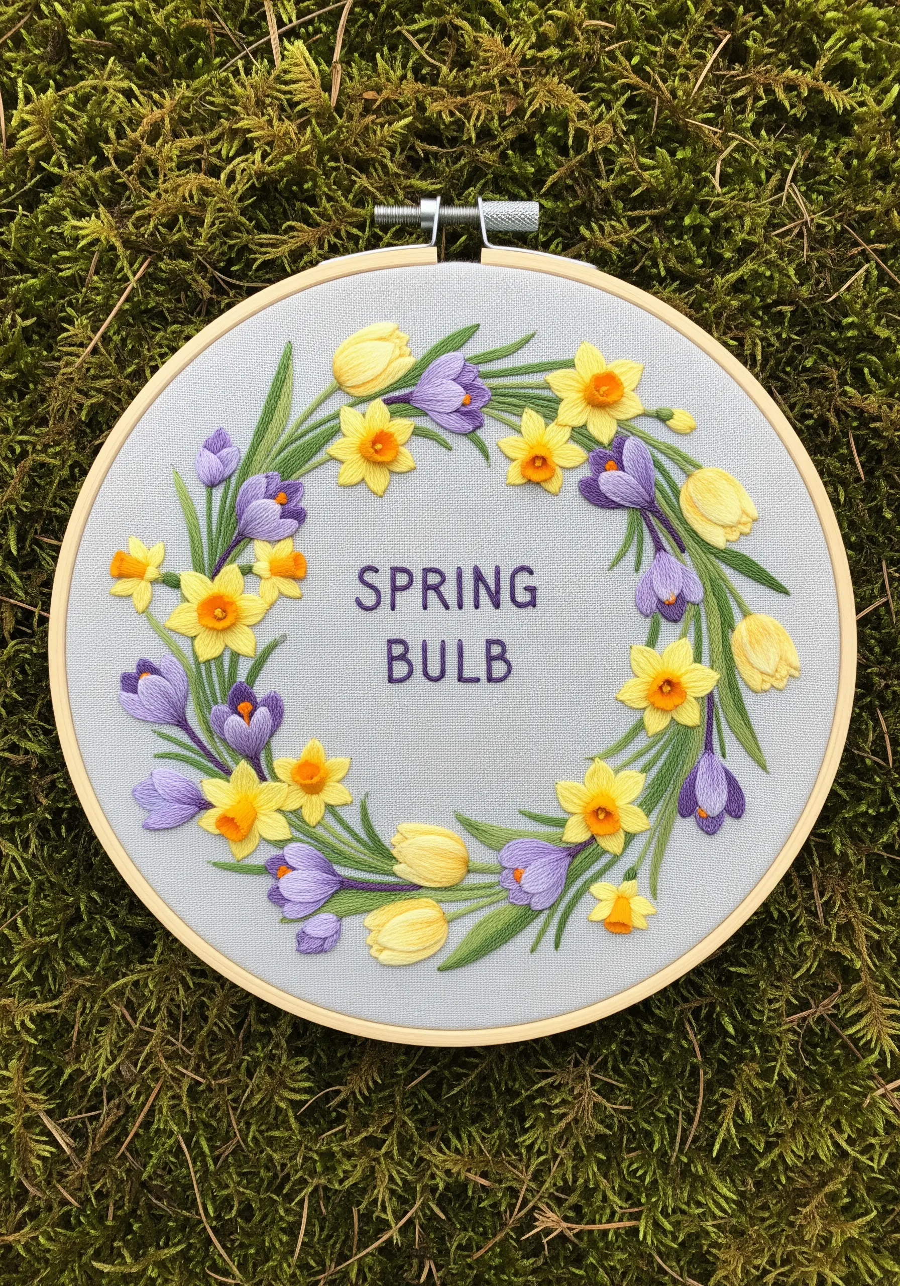 A spring floral wreath embroidery with daffodils, tulips, and crocuses on grey fabric.