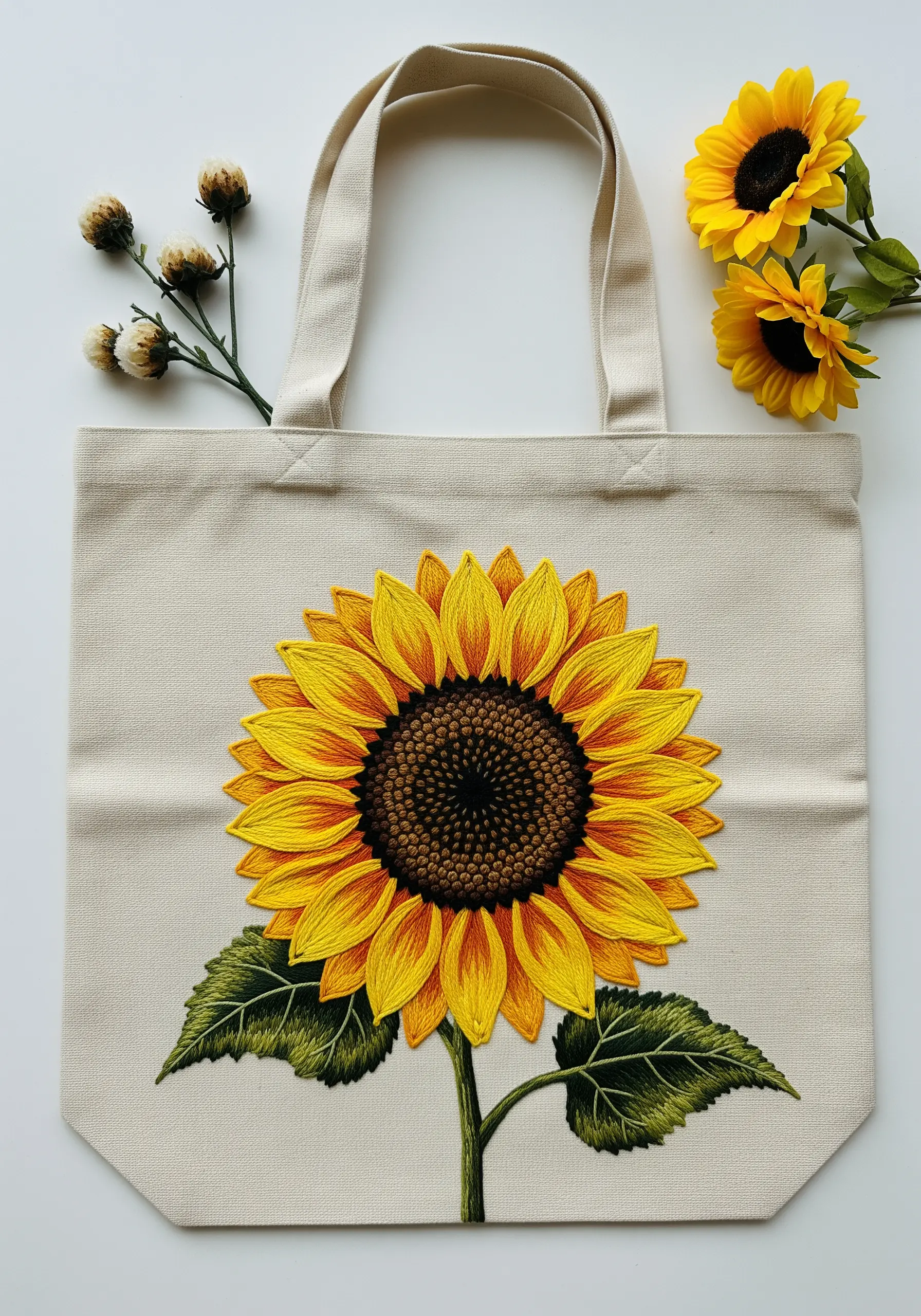 A large, detailed sunflower with beautifully shaded petals on a canvas tote.