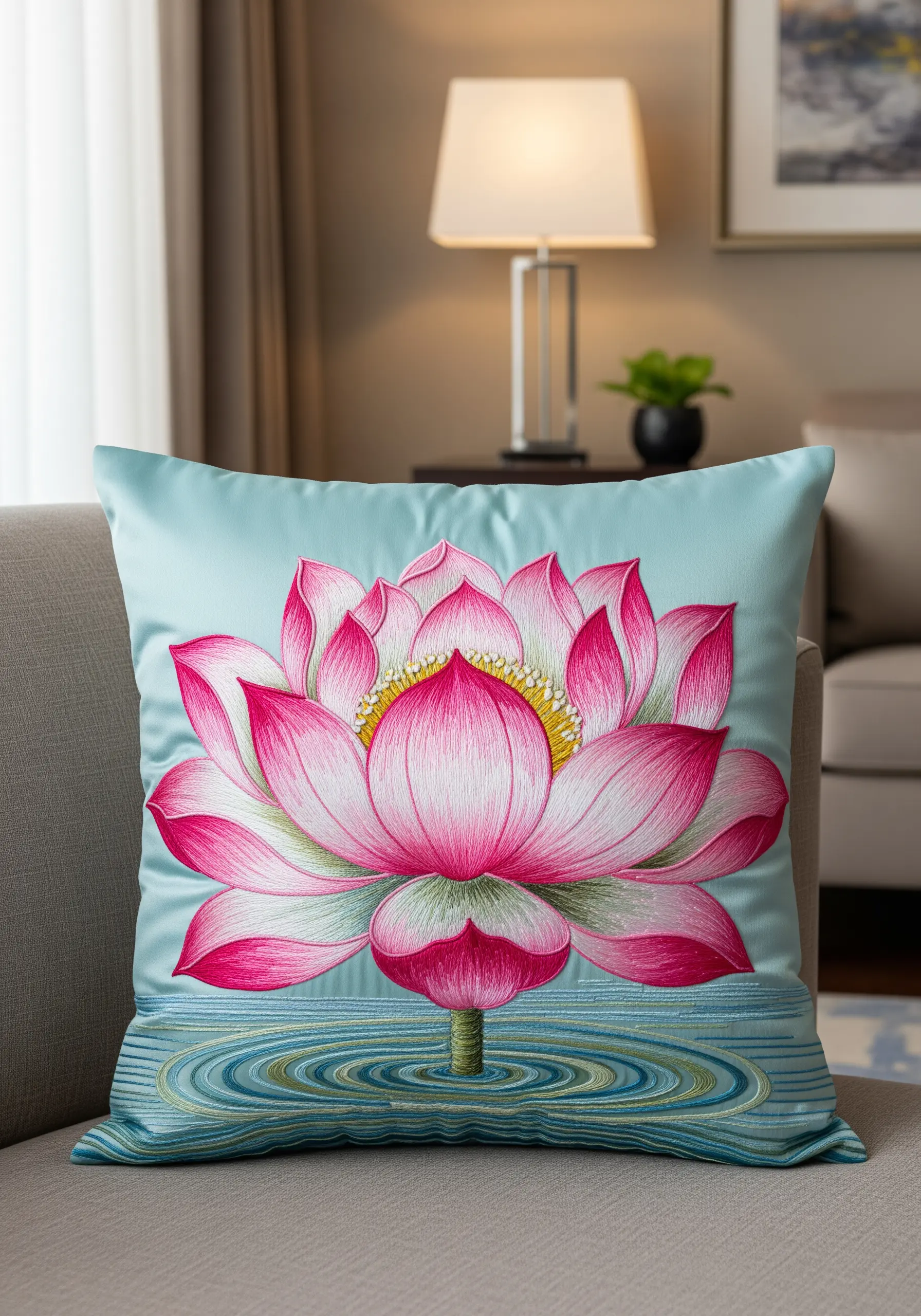 A large, realistic pink lotus with soft color gradients embroidered on a silk cushion.