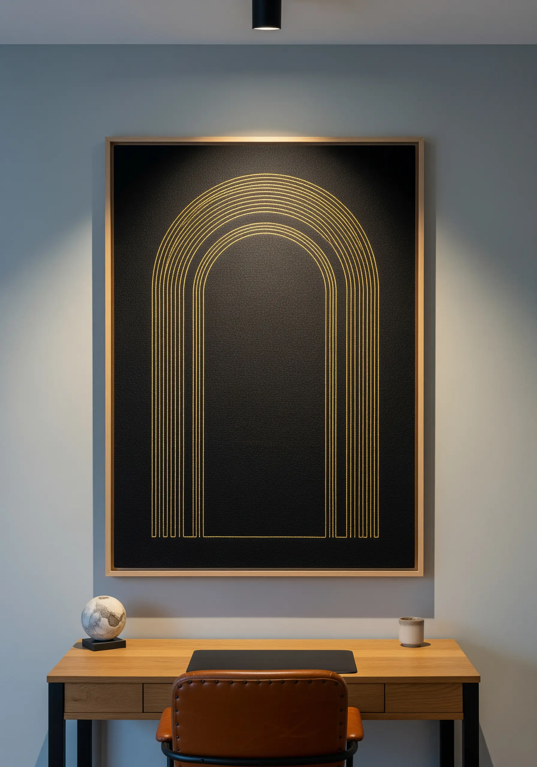 Framed embroidery of concentric gold arches on black fabric, creating a minimalist graphic design.