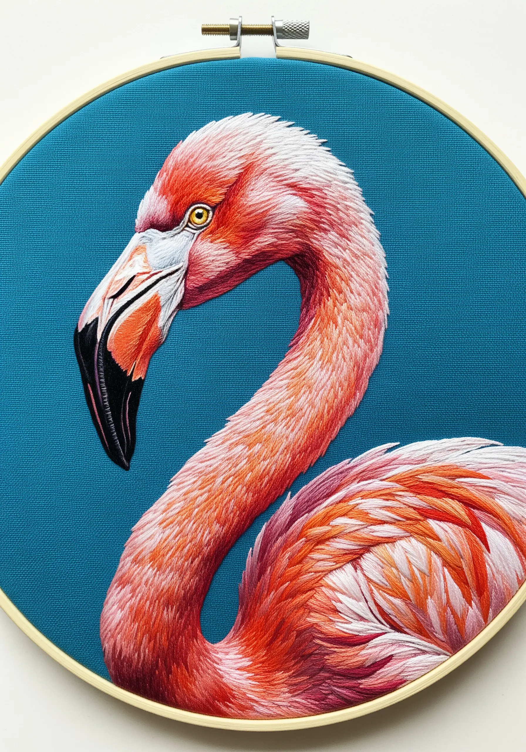 Ultra-realistic flamingo head portrait in a hoop, showcasing fine thread painting.